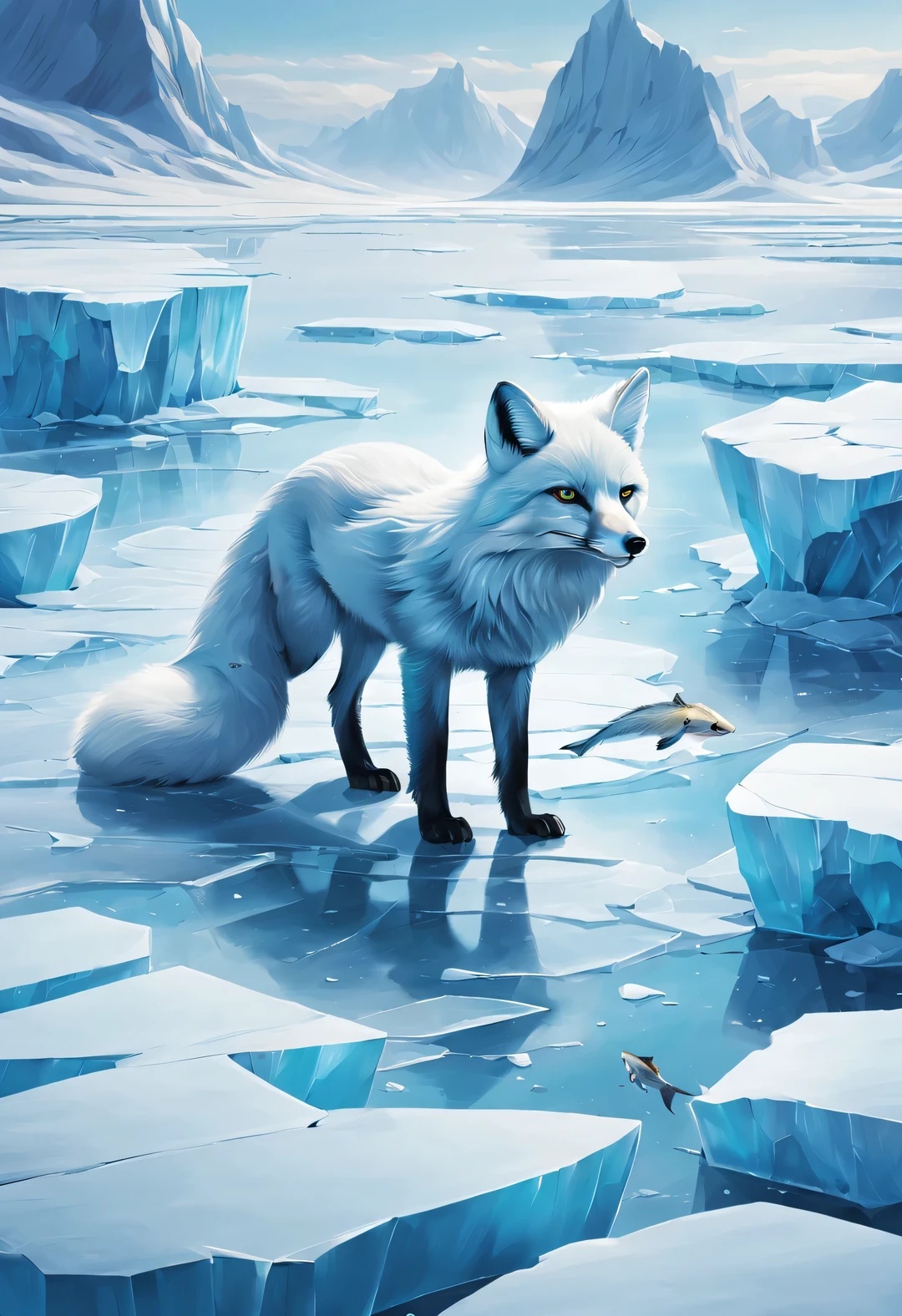 Aerial view shot, Proud arctic light blue fox biting fish, in the vast, Cracked ice, epic scene, , bitter, Fight for survival, Works by Ross Tran, Ilya Kuvsinov, and Johannes Helgeson,