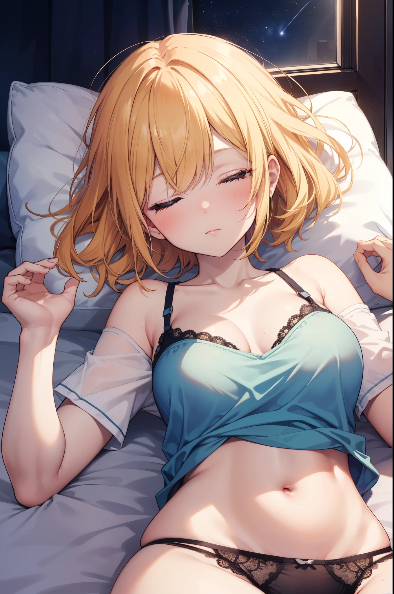 Area Yase, catalyst, yellow hair,  long hair,windows，big breasts,Sleeping with your eyes closed,romantic starry sky，A meteor crosses,Light blue camisole,light blue underwear,windows，romantic starry sky，A meteor crosses,T-shirt,red underwear,sleeping in bed,night,Head枕の上に置いて寝る,Sleeping lying on your back in bed,dark room,night, break indoors, Bedroom, break (masterpiece:1.2), highest quality, High resolution, unity 8k wallpaper, (shape:0.8), highly detailed face, perfect lighting, Very detailed CG, (perfect hands, perfect anatomy),sleeping in bed,night,Head,dark room,night, 
break indoors, Bedroom, 
break (masterpiece:1.2), highest quality, High resolution, unity 8k wallpaper, (figure:0.8), highly detailed face, perfect lighting, Very detailed CG, (perfect hands, perfect anatomy),