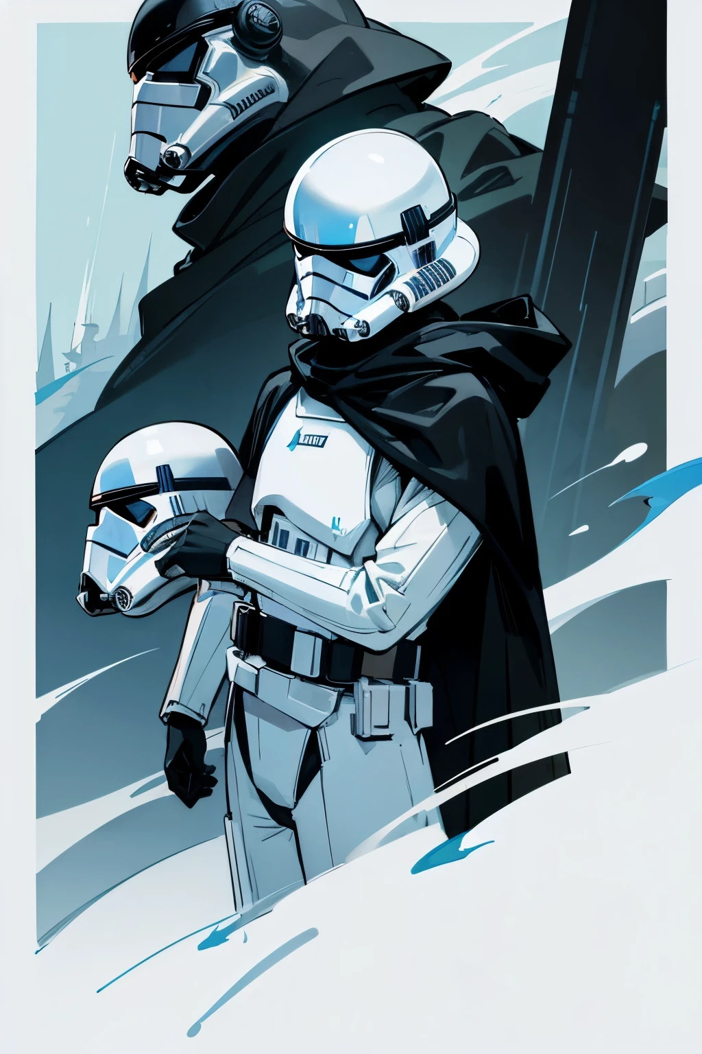 star wars, alien, star wars outfit, young male, black cloak, helmet, storm troopers behind them,