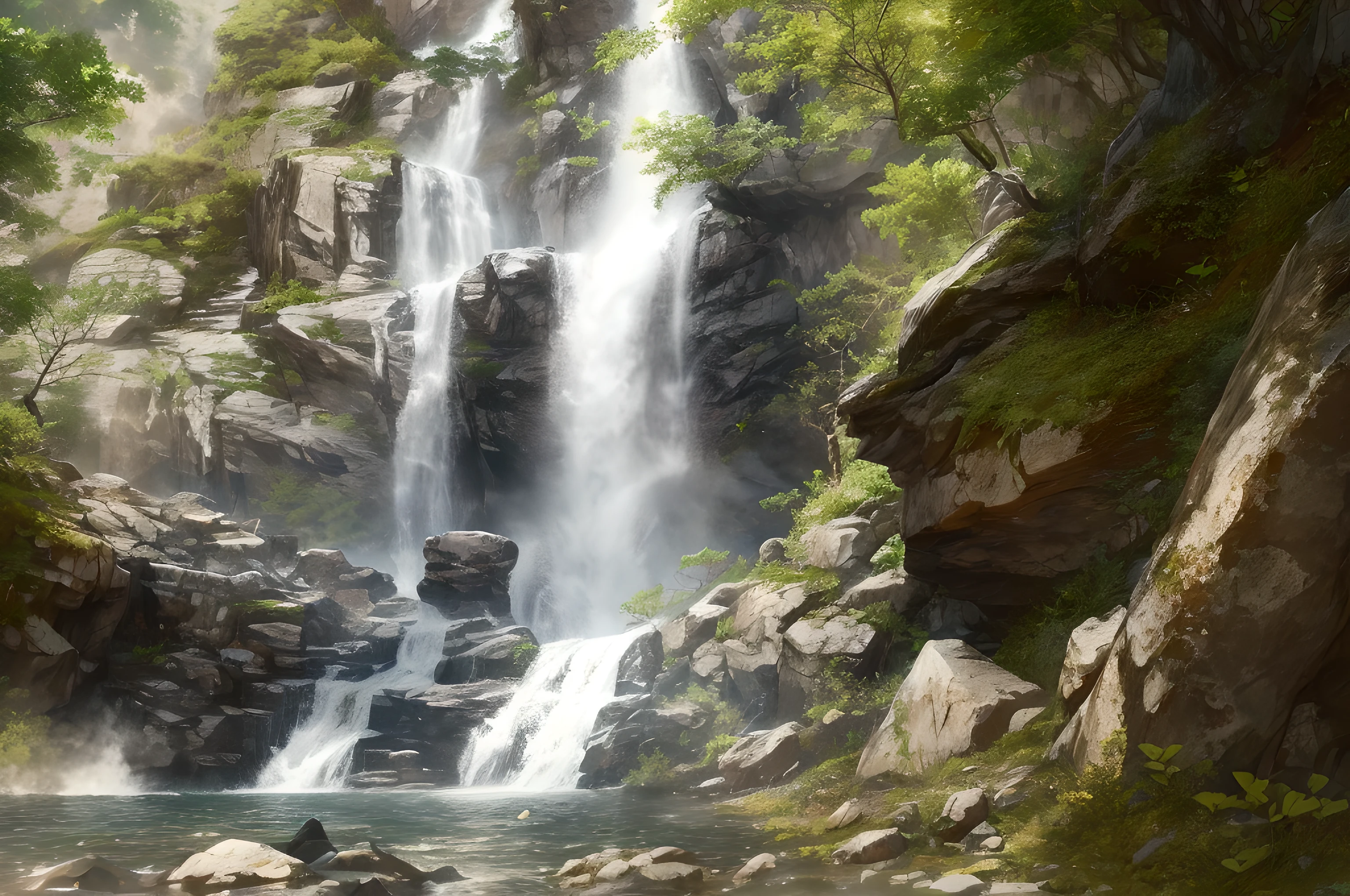 High detail, 8K, ultra HD, high quality, Anime studio, create a image relistict, best lighting , waterfall beautifull, perfect light, Daylight, Foggy blur, dreamer