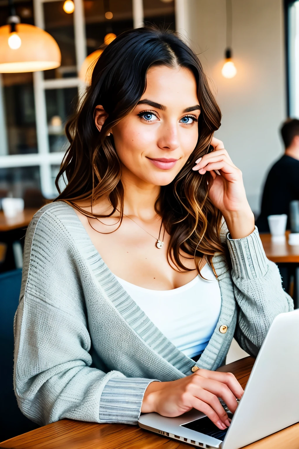 Beautiful woman in a cozy café or coworking space, working diligently on her laptop with a steaming cup of coffee nearby. Dressed in a comfortable yet stylish attire, she dons a sweater dress accompanied by an oversized cardigan, perfectly paired with fitted leggings. Her surroundings exude a laid-back yet productive ambiance as people around her remain focused on their tasks.

Very detailed, 30 years old, innately radiant face, naturally wavy hair cascading over her shoulders, captivating blue eyes, high-resolution, masterpiece, best quality, intricately detailed, highly detailed, net focus, detailed skin, realistic skin texture, texture