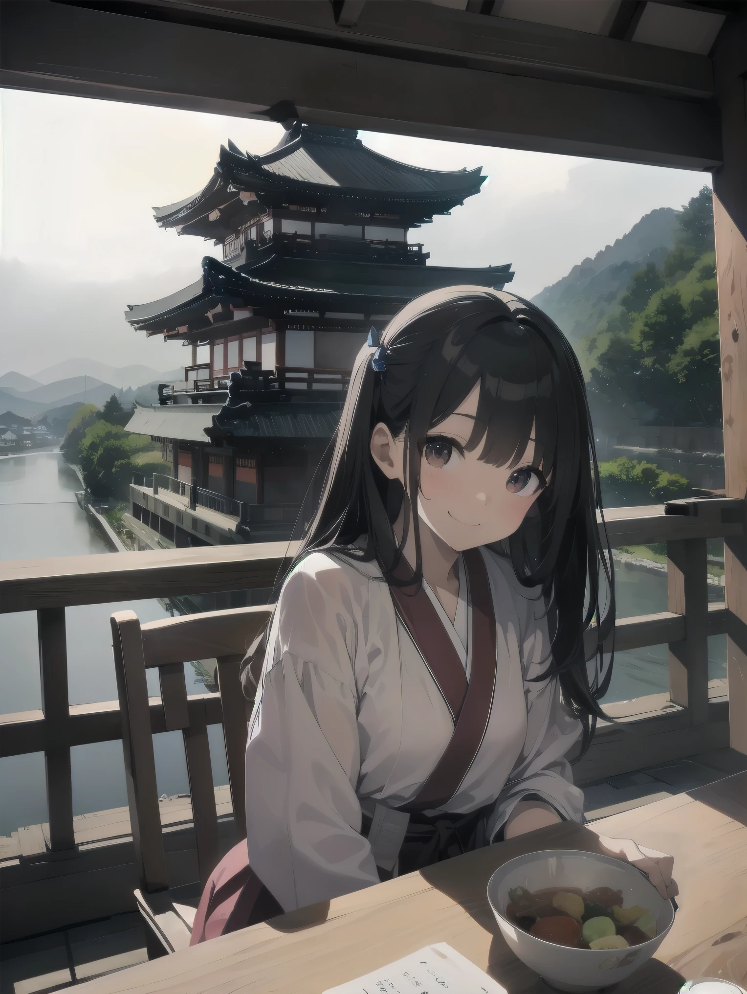 table top, highest quality, High resolution,6 years old,(Hashikuji Temple Mayoi),look at me and smile,Different world, of hokkaido、fantastic scenery、dense fog、A group of fine particles that emit fluorescent light、cute