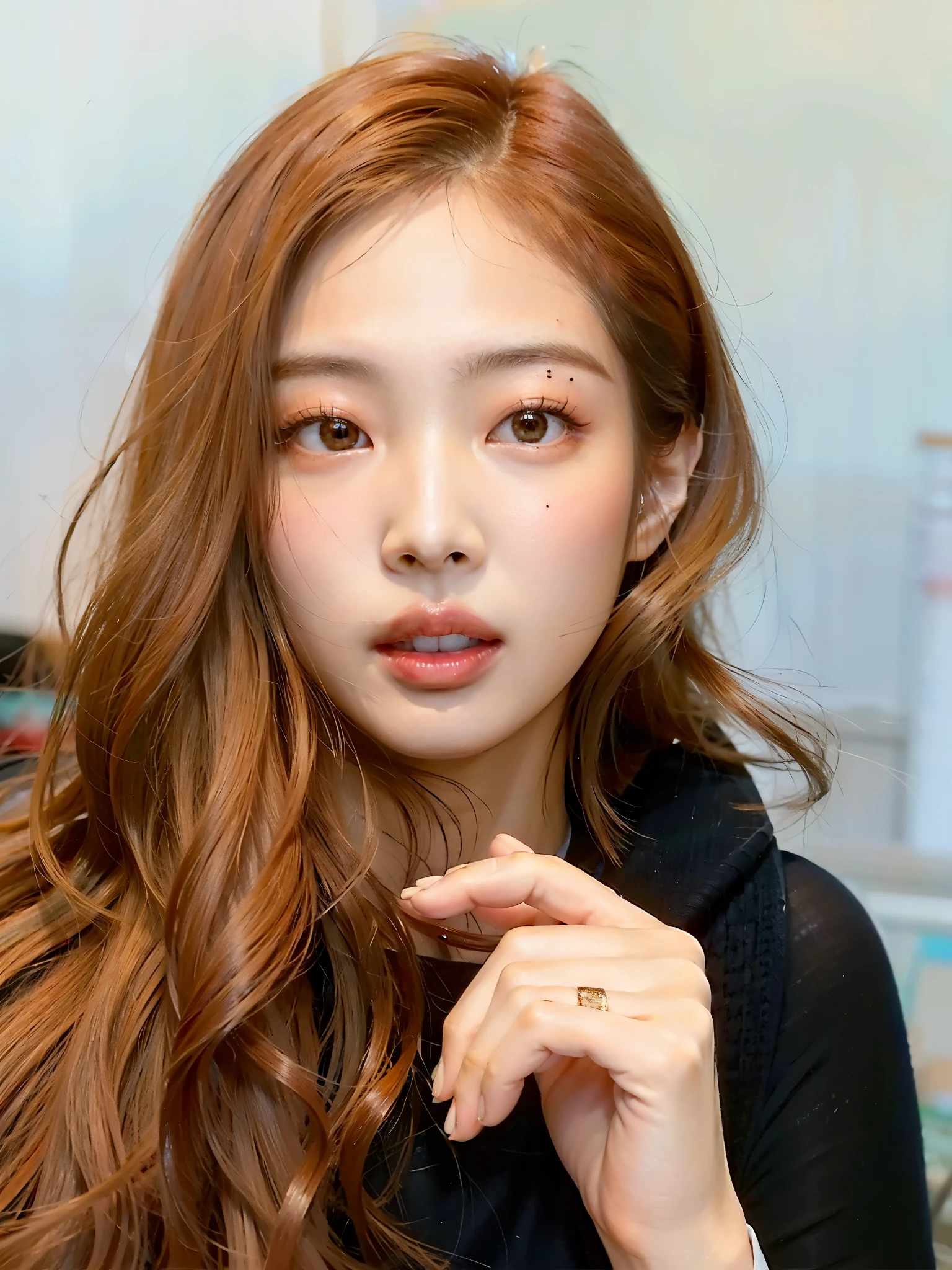 mulher arafa com cabelos ruivos e olhos azuis posando para uma foto, Retrato de Jossi do Blackpink, maquiagem coreana popular, maquiagem sul-coreana popular, Linda jovem coreana, Linda jovem coreana, jennie blackpink, linda mulher sul-coreana, parque roseanne de blackpink, female korean idol portrait, young lovely korean face, beautiful aesthetic face, pale and glowing skin