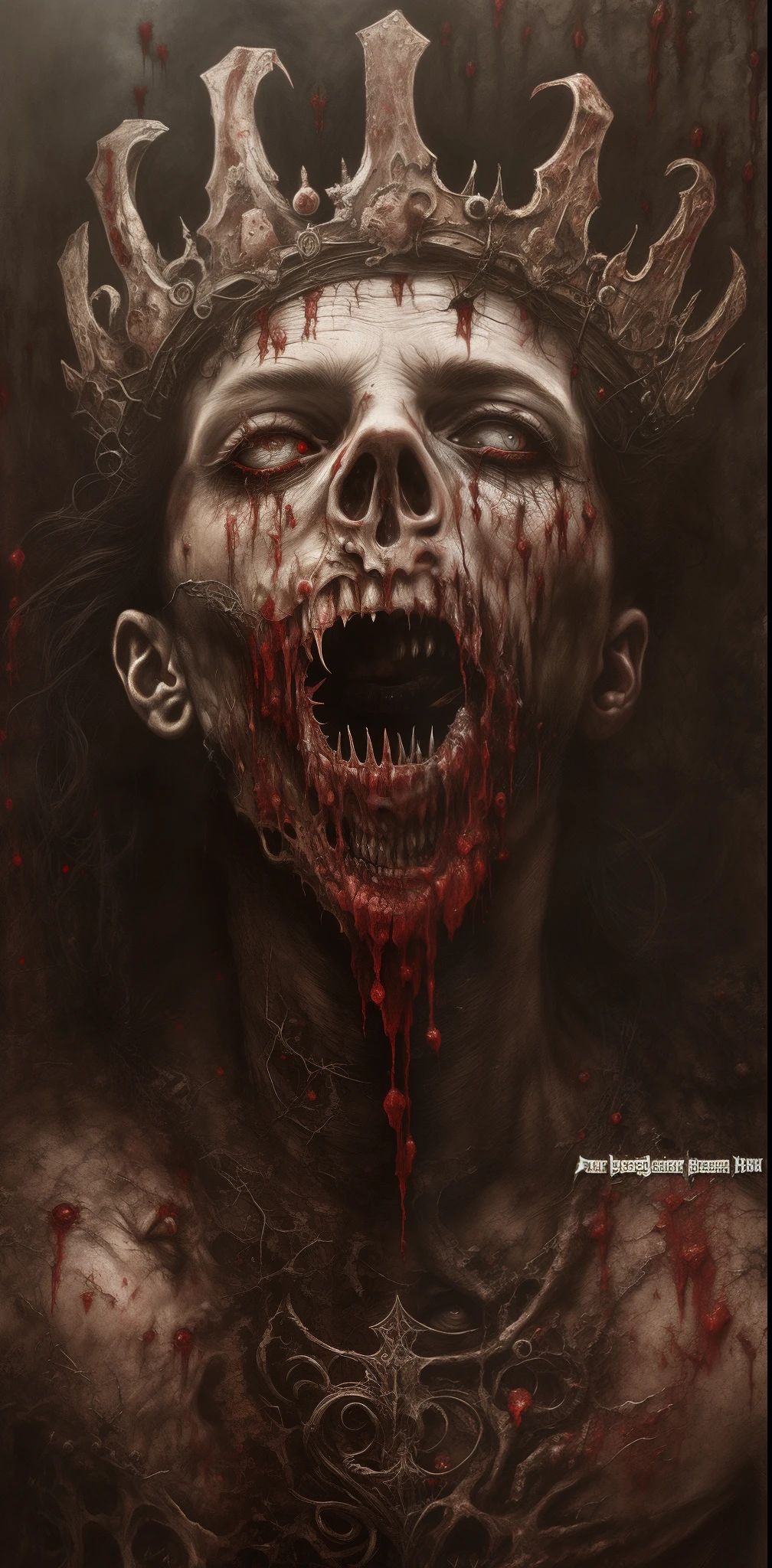 a man with a crown on his head and a bloody face, detailed gothic , cinematic. Realistic, hyper realism scary, detailed 4k horror artwork, scary detailed art in color, scary art, dark fantasy horror art, style dark art, horror art, fantasy horror art, masterpiece,king