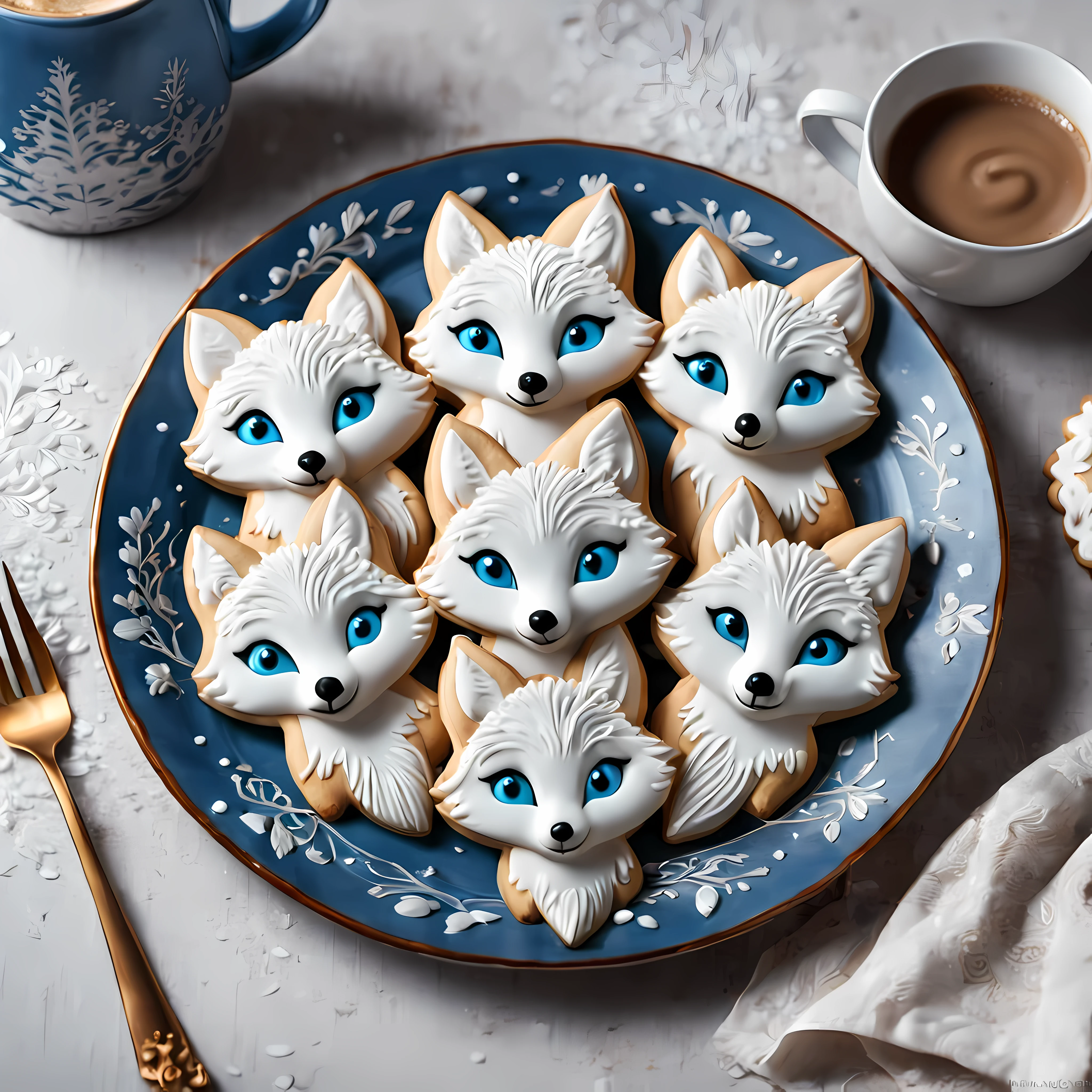 Cute cartoon style, masterpiece in maximum 16K resolution, close up of majestic cookies (shaped as arctic foxes). | (On an elegant rustic plate), a hot coffee. | Vivid blue eyes, delicate nature ornate. | ((More_Details))