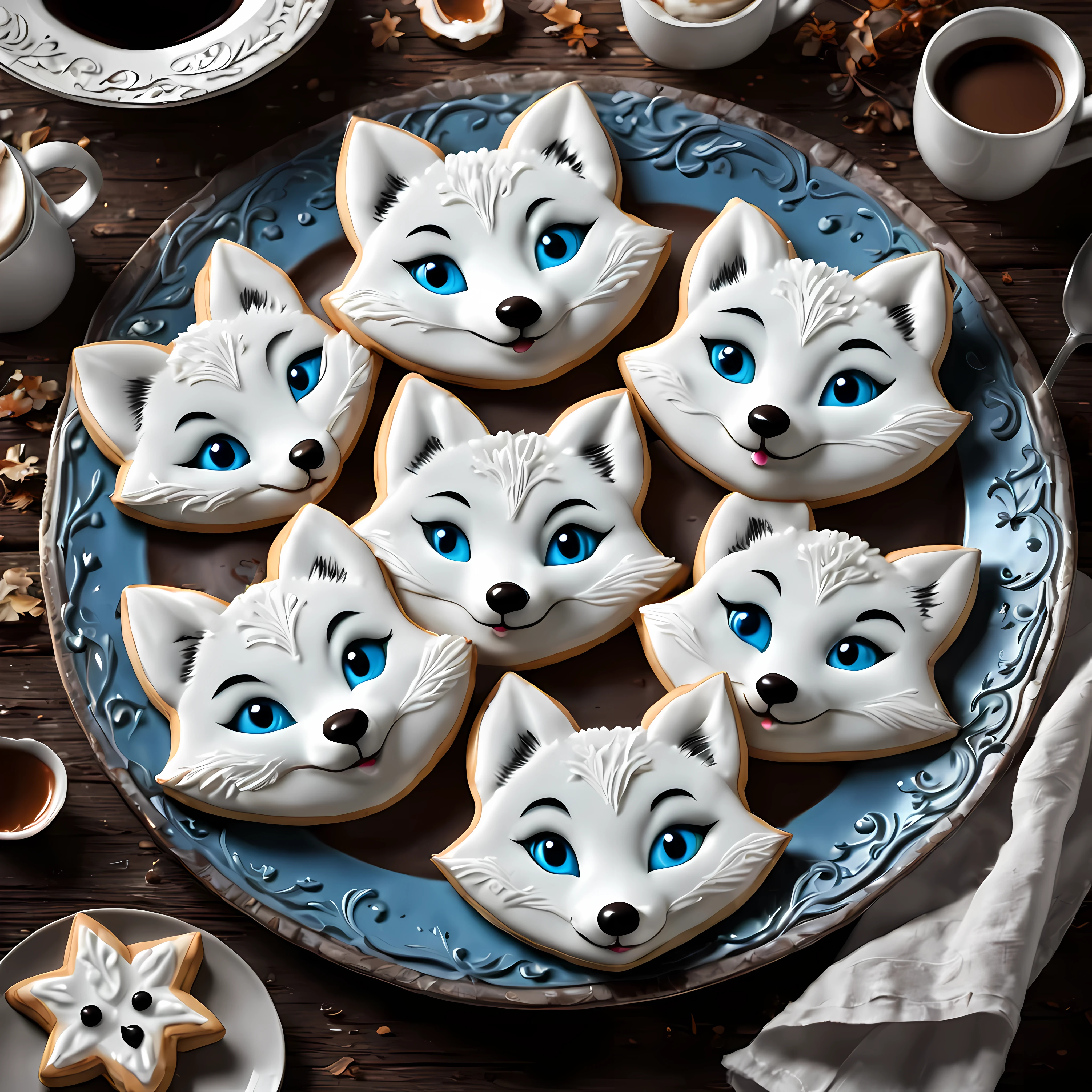 Cute cartoon style, masterpiece in maximum 16K resolution, close up of majestic cookies (shaped as arctic foxes). | (On an elegant rustic plate), a hot coffee. | Vivid blue eyes, delicate nature ornate. | ((More_Details))