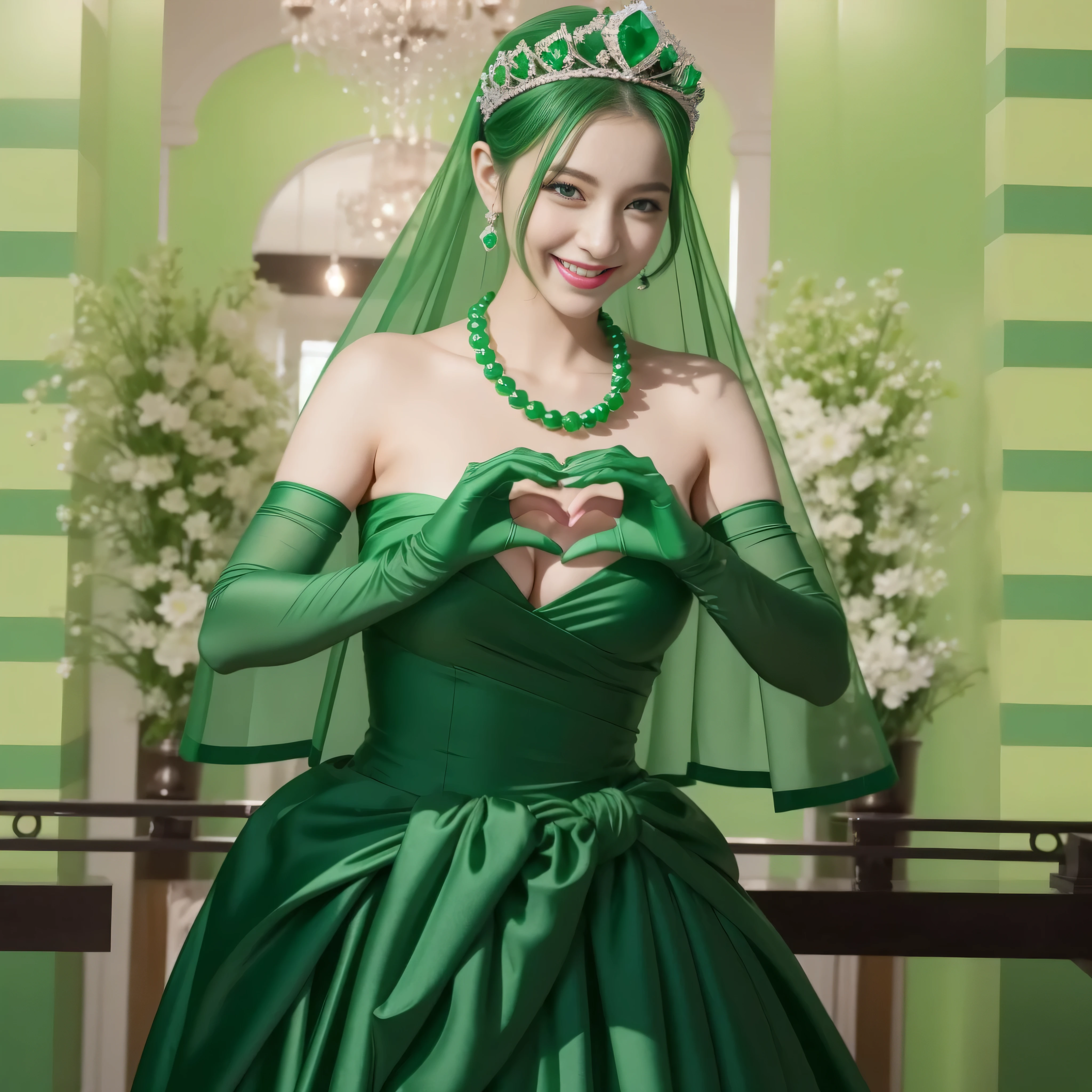 emerald tiara, Green Pearl Necklace, ボーイッシュな非常に短いgreen hair, lipstick, smiling Japanese woman, very short hair,  beauty of big breasts, green eyes, green satin long gloves, green eyes, emerald earrings, Green veil, Heart with both hands, green hair, beautiful japanese woman, heart shaped hands:1.3, green lip gloss