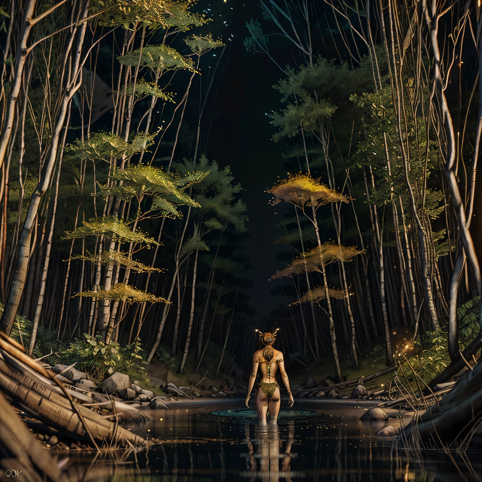 tMasterpiece, best quality, (very detailed CG unity 32k wallpaper), (epic best quality), (best illustration), (best shadows), glow sprite, with a golden deer, in the swimming pool Drinking water, natural elements in the forest theme. Mysterious forest, beautiful forest, nature, surrounded by flowers, delicate leaves and branches surrounded by fireflies (natural elements), (jungle theme), (leaves), (twigs), (fireflies), (particle effects) etc. 3D, Octane rendering, ray tracing, super detailed, sfw varied multi etc. --v6 --s1000 --c20 --q5 --chaos100