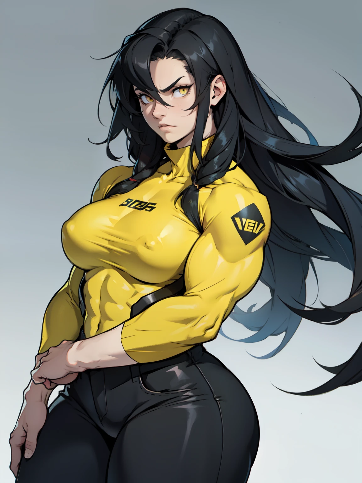 muscular girl breasts thick thick thick black hair yellow eyes pale skin upset very long hair tight pants