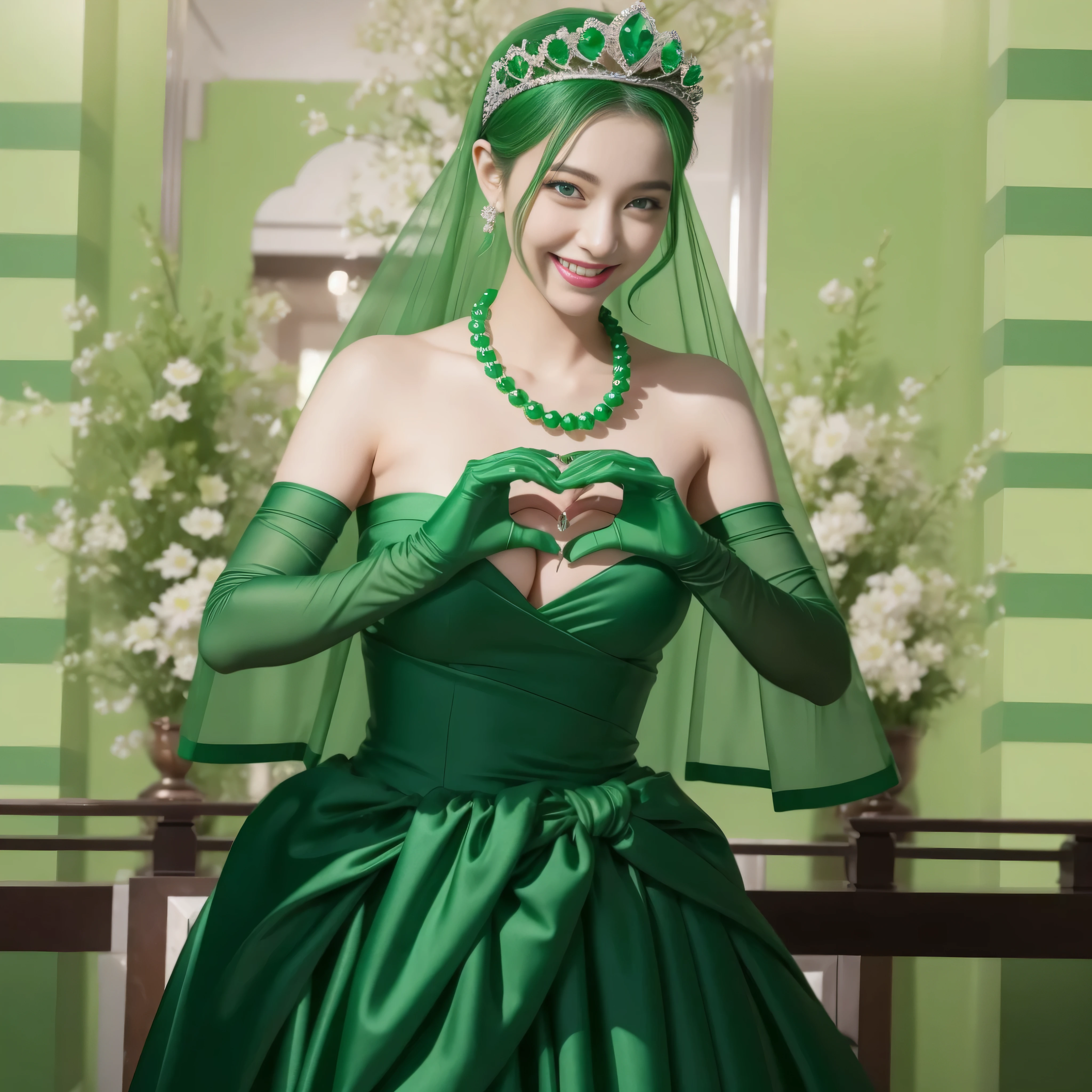 emerald tiara, Green Pearl Necklace, ボーイッシュな非常に短いgreen hair, lipstick, smiling Japanese woman, very short hair,  beauty of big breasts, green eyes, green satin long gloves, green eyes, emerald earrings, Green veil, Heart with both hands, green hair, beautiful japanese woman, heart shaped hands:1.3, green lip gloss