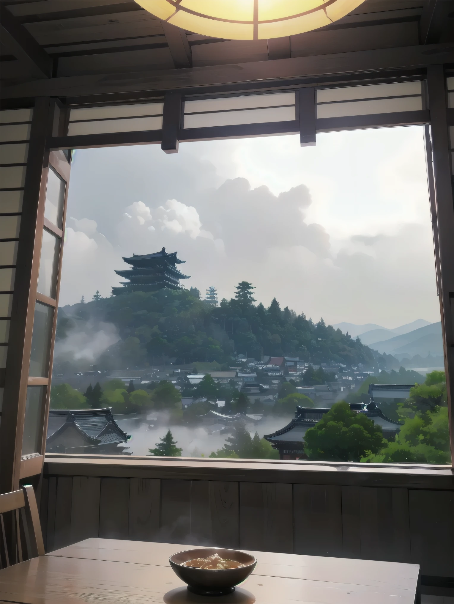 table top, highest quality, High resolution,,(Hashikuji Temple Mayoi),look at me and smile,Different world, of hokkaido、fantastic scenery、dense fog、A group of fine particles that emit fluorescent light、cute