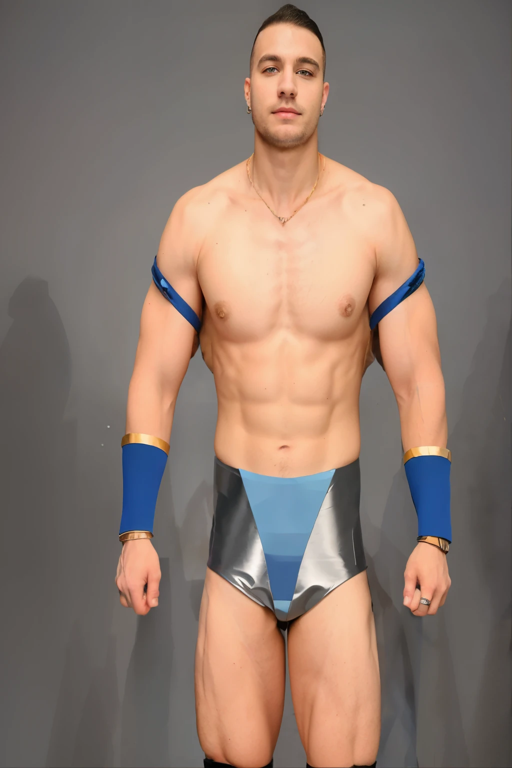 ((masterpiece, best quality)),white man with crue cut hair side burns and chin hair dynamic pose with silver tight with blue triangle in middle of them blue and gold wrist bands blue upper arm straps black knee pads, realistic realistic face, muscular photo realistic, intricate details