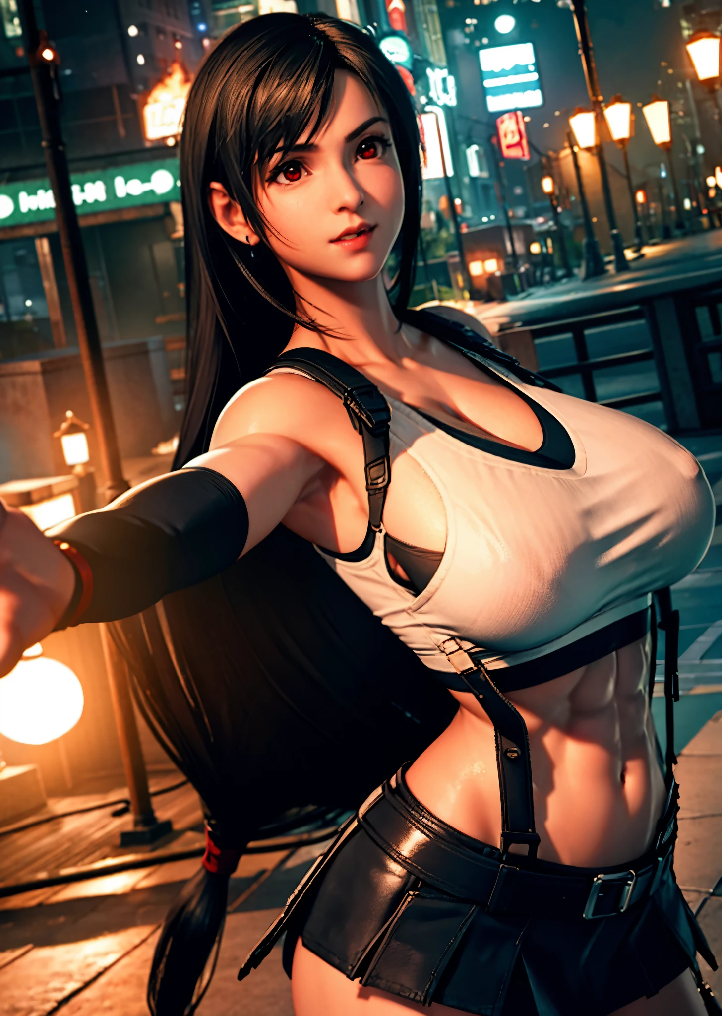 (Photorealistic: 1.4), top quality, very delicate and beautiful, high resolution, 1girl, tifa_lockhart, smile, cowboy shot, suspenders, low rise, mini skirt, tank top, tense shirt, black hair, long hair, elbow gloves, beautiful detailed red eyes, face light, movie lighting, navel, high exposure, abdomen exposure, ribs, abs, ( gigantic breasts: 1.2), dynamic poses, dynamic angles, (abs:1.2), (muscular:1.1)