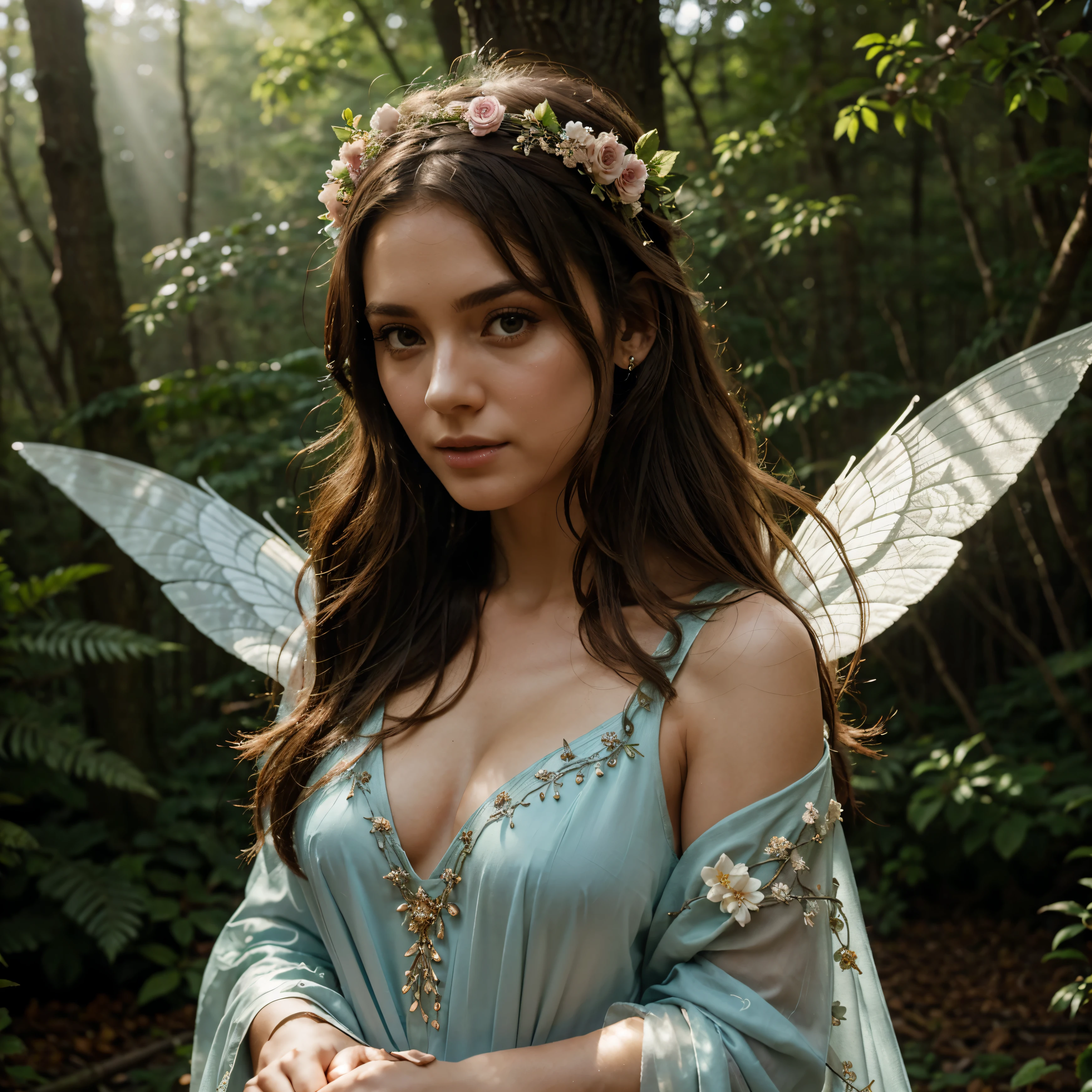 Deep in a mystical forest with shafts of sunlight filtering through the trees
Style: Ethereal gown with floral embellishments, accessorized with delicate fairy-like wings and a flower crown, hair styled in loose waves
