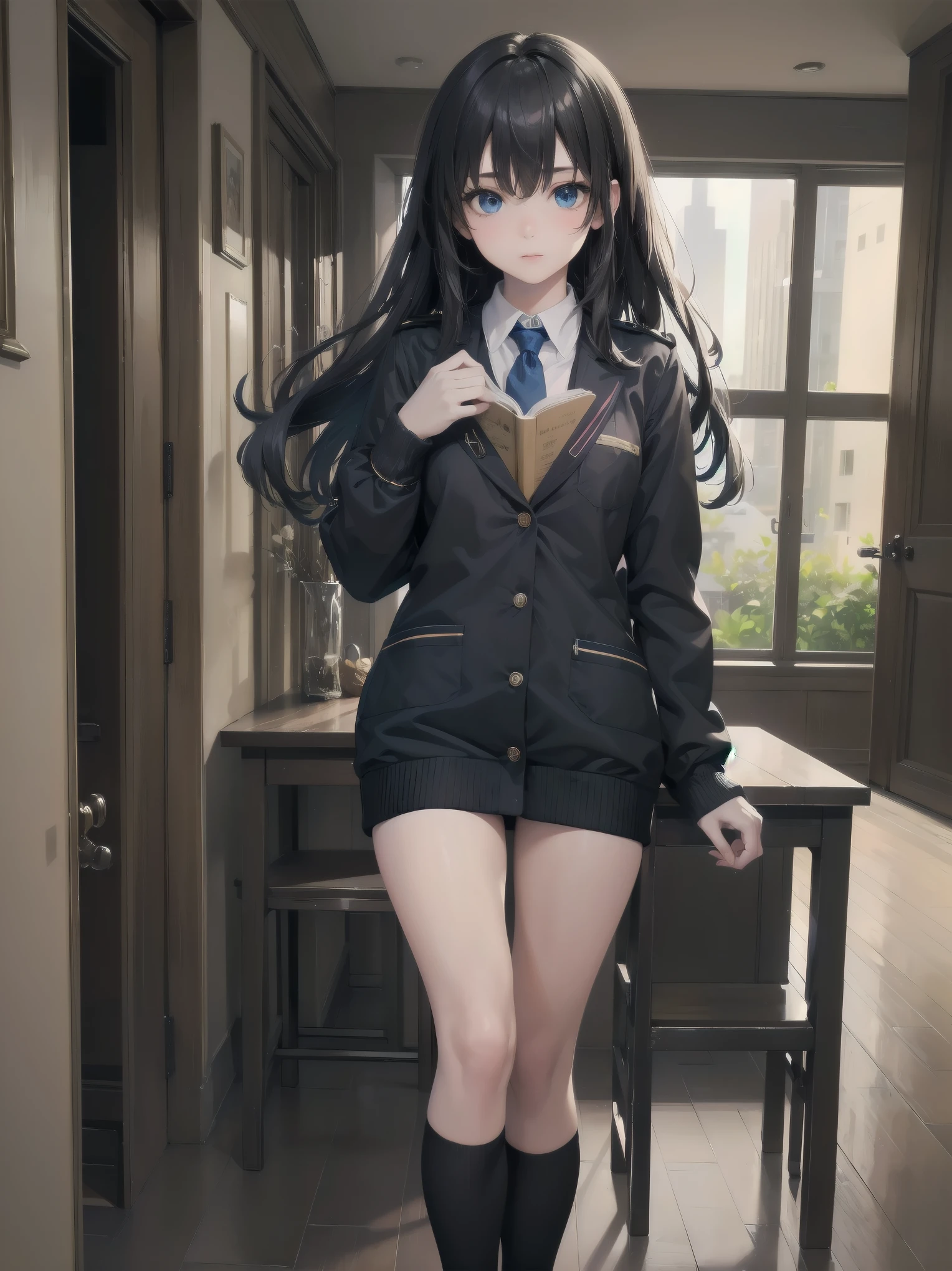 (highest quality、16K、masterpiece、ultra high resolution、Impressionism、Photoreal:1.2)、Long black hair, blue eyes, uniform weater showing glimpses of thighs Undressing uniform Tsundere Book