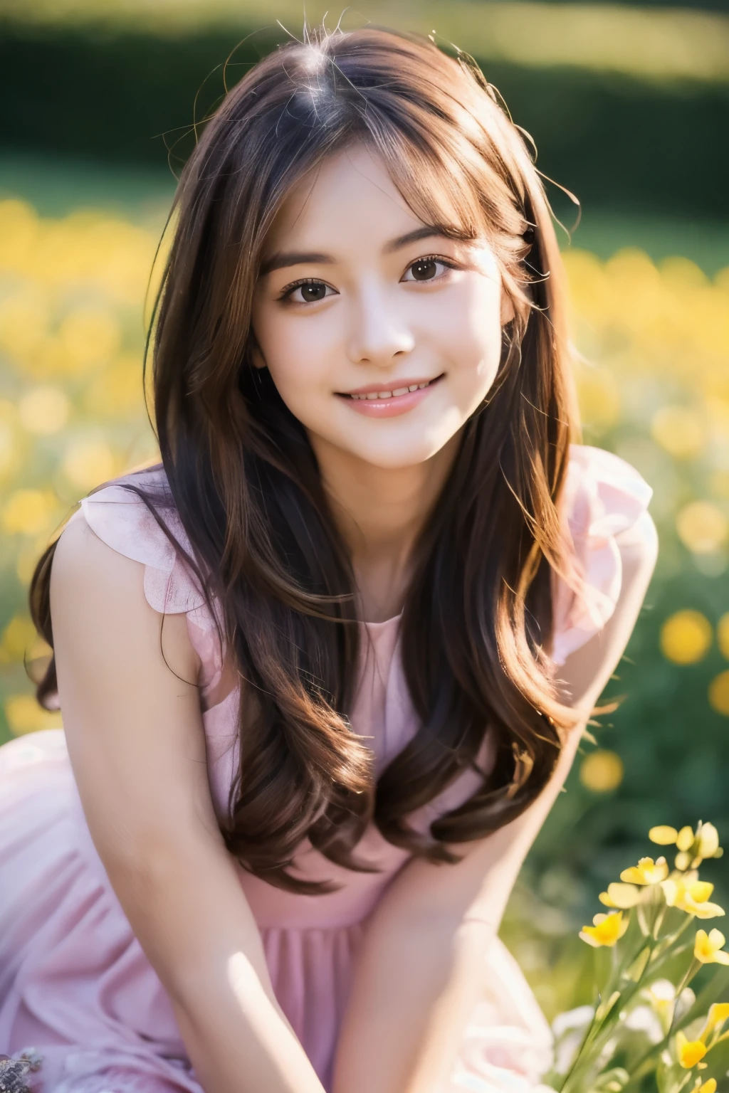 (masterpiece), (best quality), ultra high res, sharp focus, ((1 woman, solo)), upper body, medium long shot, MLS, background blur focus on face only, in the meadow of lily flower, (at the beautiful night time:1.2), beautiful detailed hair, chesnut brown hair, long hair tumbles down, ((beautiful shape eyes, )), beautiful detailed face, perfect feminine face, smiles warmly, look at the viewer, in pink coquette clothes, comfortable pose to the viewer