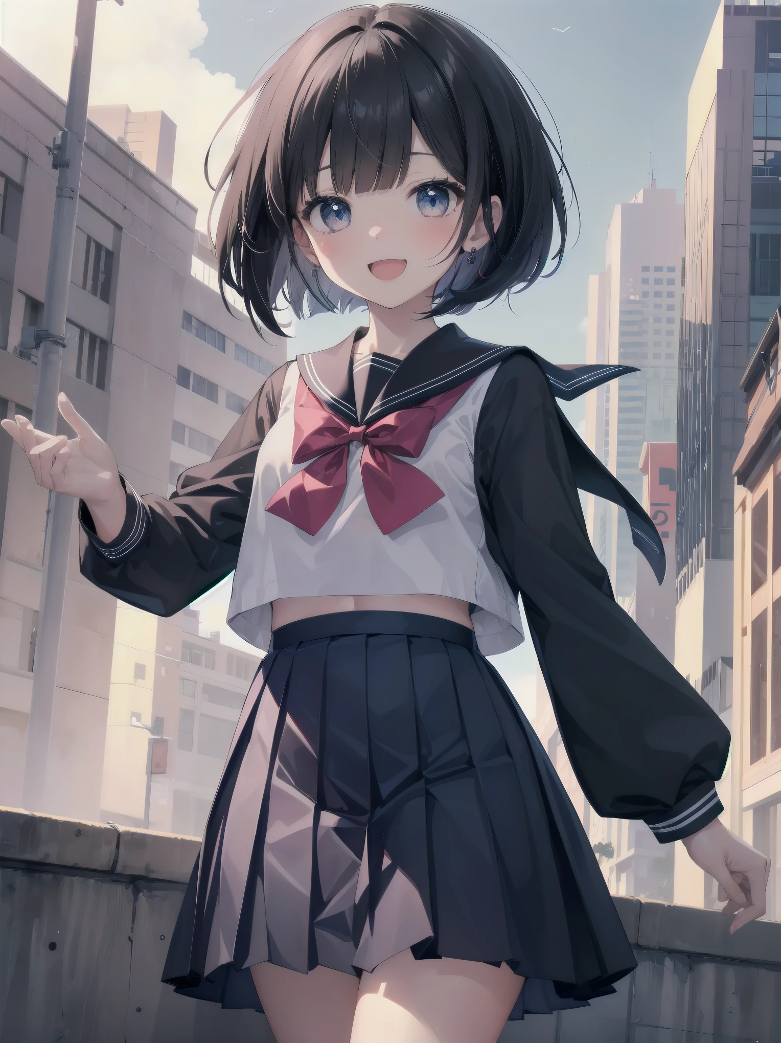 one girl、blush、embarrassed look、perfect anatomy、short bob、small breasts、(((White student sailor suit、Dark navy blue student pleated mini skirt、black knee socks)))、((hair tousled by the wind、messy hair、Broken hairstyle))、(((The wind flips my skirt:1.3、white panties、cute ass)))、focus on the butt、professional lighting, film grain, chromatic aberration, (Eye and face details:1.0), (Bokeh:1.1)、software:1.5)))、 highest quality, 8K, 20talent