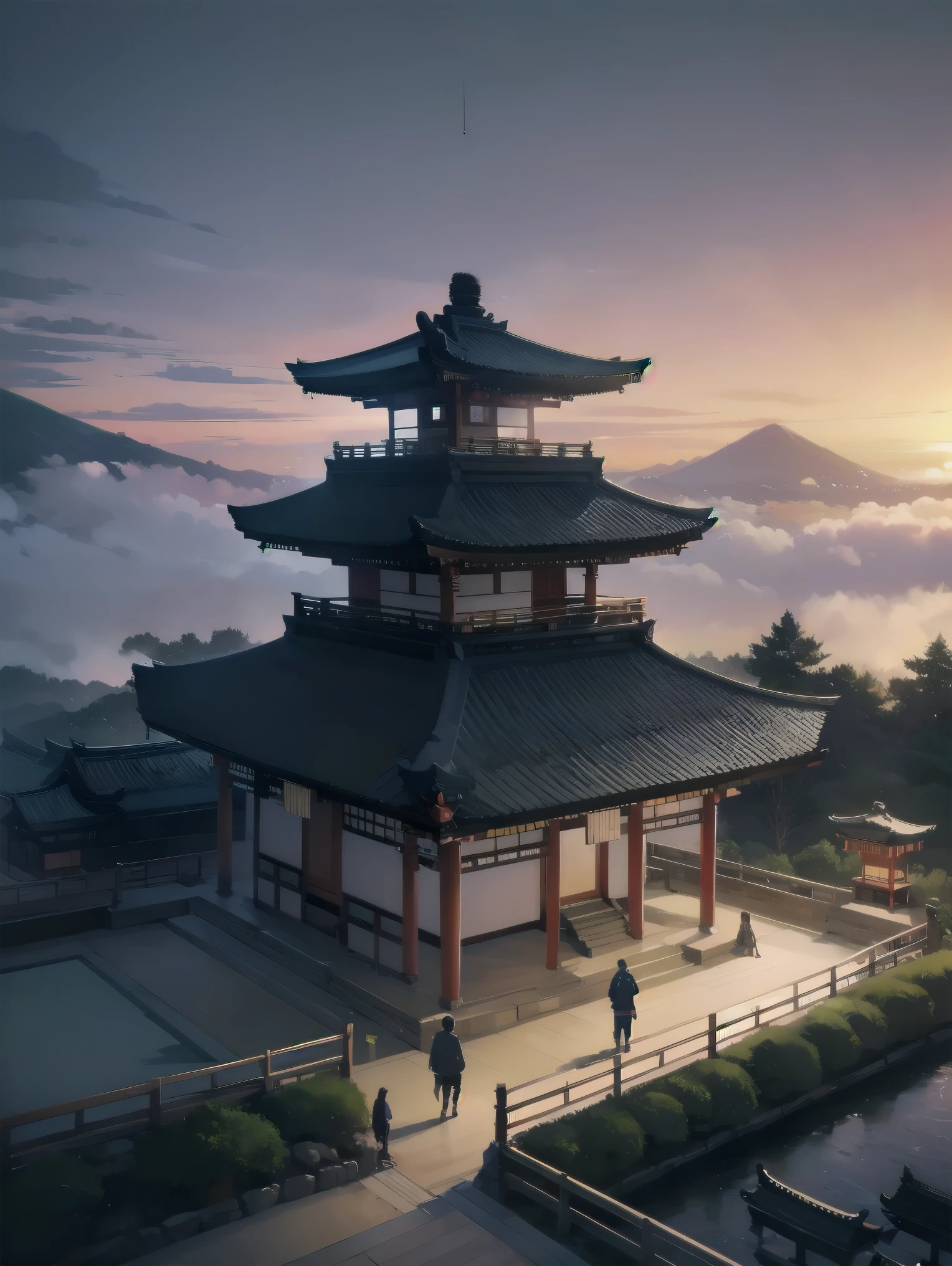 table top, highest quality, High resolution,,(Hashikuji Temple Mayoi),look at me and smile,Different world, of hokkaido、fantastic scenery、dense fog、A group of fine particles that emit fluorescent light、cute