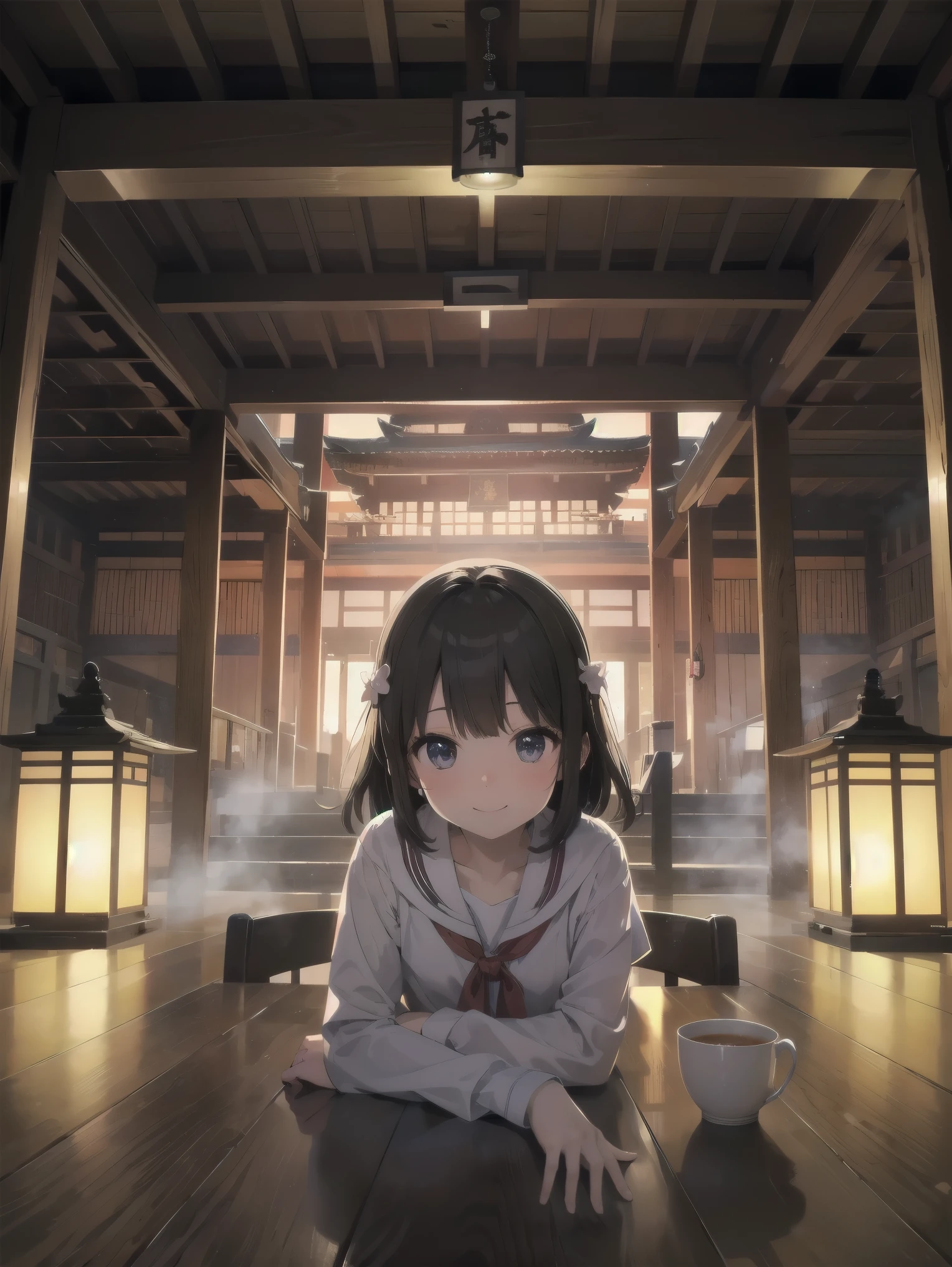 table top, highest quality, High resolution,,(Hashikuji Temple Mayoi),look at me and smile,Different world, of hokkaido、fantastic scenery、dense fog、A group of fine particles that emit fluorescent light、cute