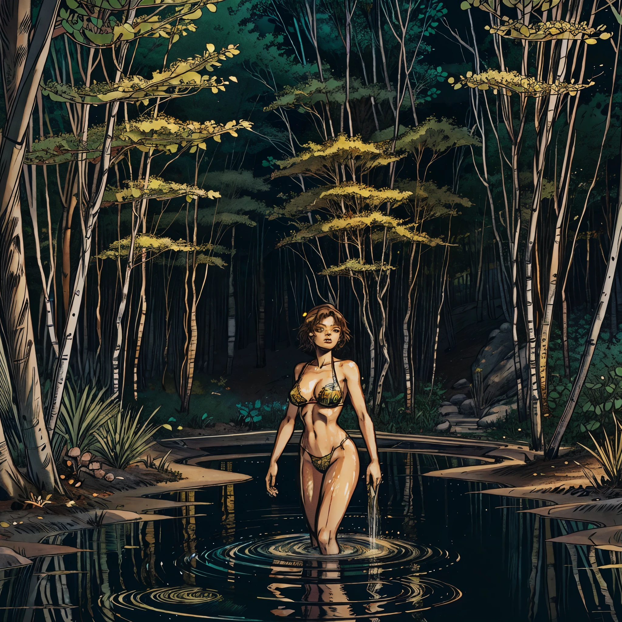 tMasterpiece, best quality, (very detailed CG unity 32k wallpaper), (epic best quality), (best illustration), (best shadows), glow sprite, with a golden deer, gorgeous Cernunos in the swimming pool Drinking water, natural elements in the forest theme. Mysterious forest, beautiful forest, nature, surrounded by flowers, delicate leaves and branches surrounded by fireflies (natural elements), (jungle theme), (leaves), (twigs), (fireflies), (particle effects) etc. 3D, Octane rendering, ray tracing, super detailed, sfw varied multi etc. --v6 --s1000 --c20 --q5 --chaos100