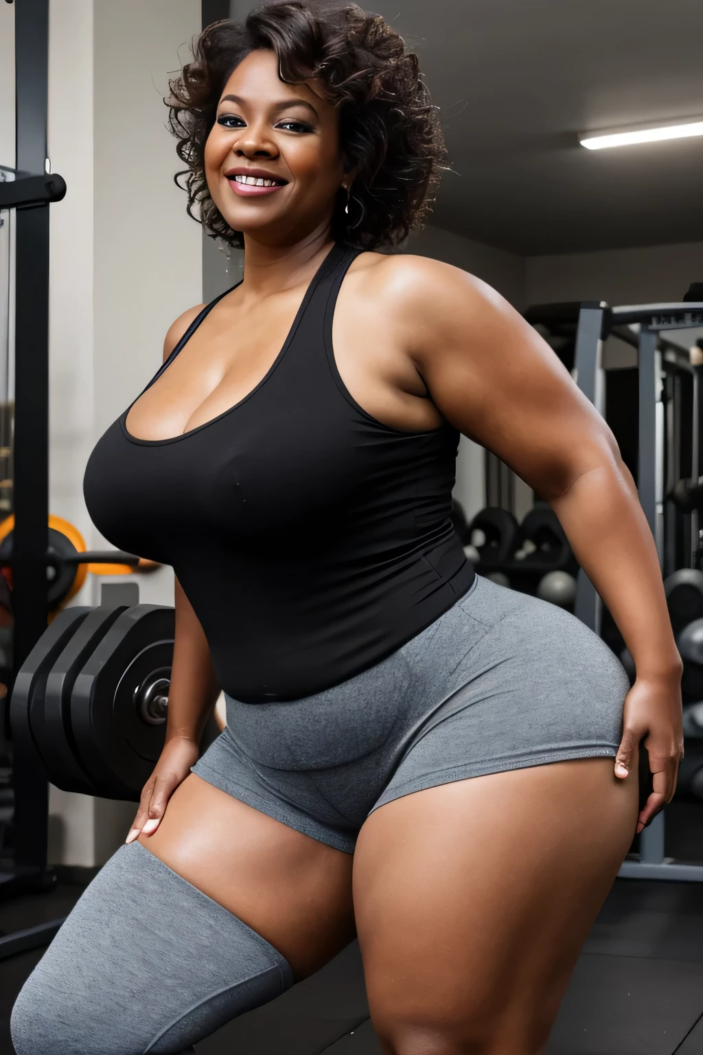 moda gorda, uma linda velhinha negra de 70 anos, (velho), Shorts curtos de lycra, curvy body, vestindo uma roupa de fitness), Realista, Gordinho, intricado, hyper Realista, 8K, intricadoly detailed, cinematic, stunning Realista photography, rosto perfeitamente detalhado, altamente detalhado, vibrante, pele natural, Textura de pele real, octane rendering, cabelo encaracolado, cara feliz, It is, decote, (malhando na academia), Gordinho, (treinamento), pele molhada, sorridente, It is