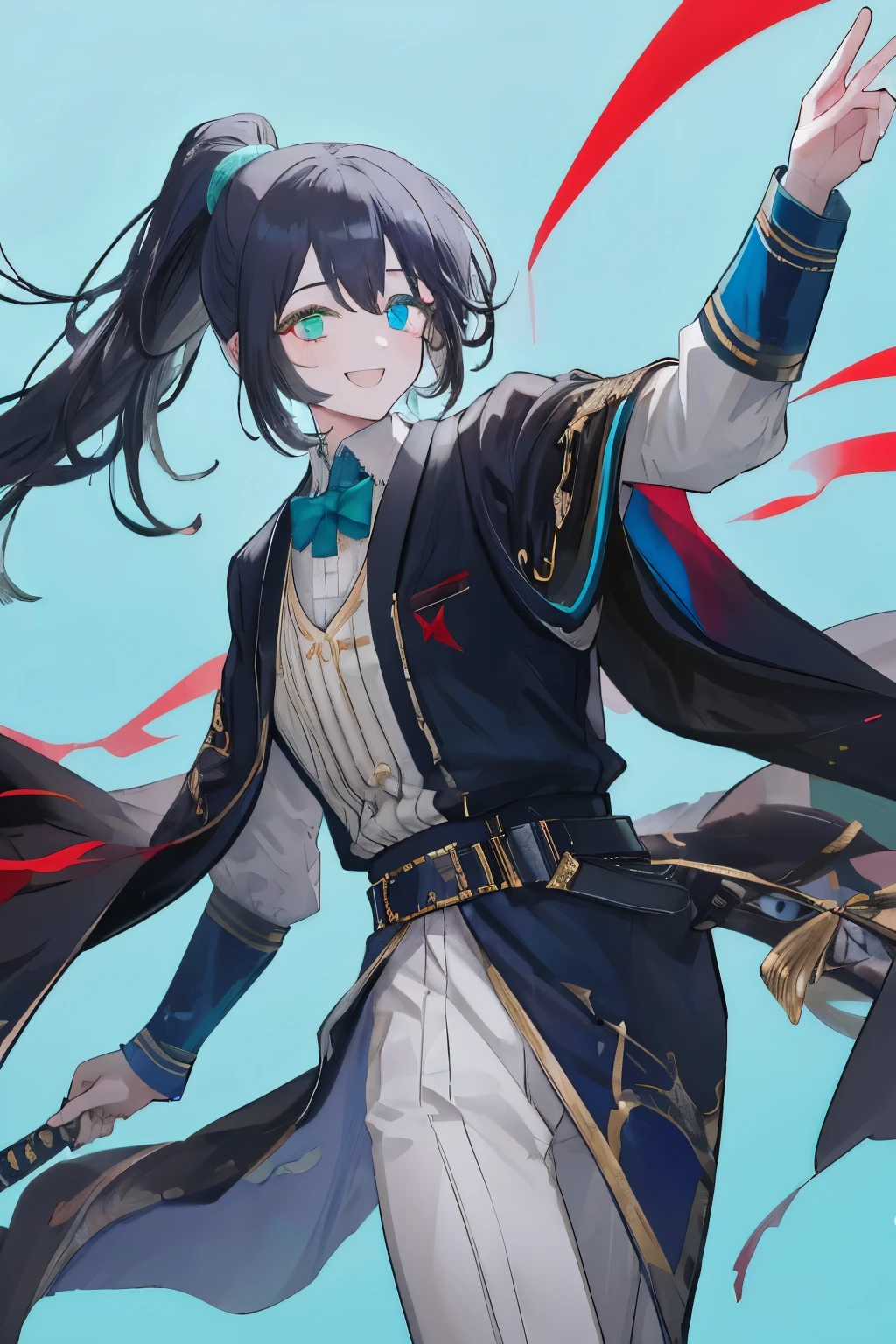 masterpiece, best quality, 1boy, male focus, solo, honglu, xxx hair, black hair, yyy inner, blue-gray inner, ponytail, black royal robes, formal nobility, looking at viewer, dancing pose, smile, heterochromia, blue eye and green eye, holding sword, (castle corridor background: 0.4), bright blue sky