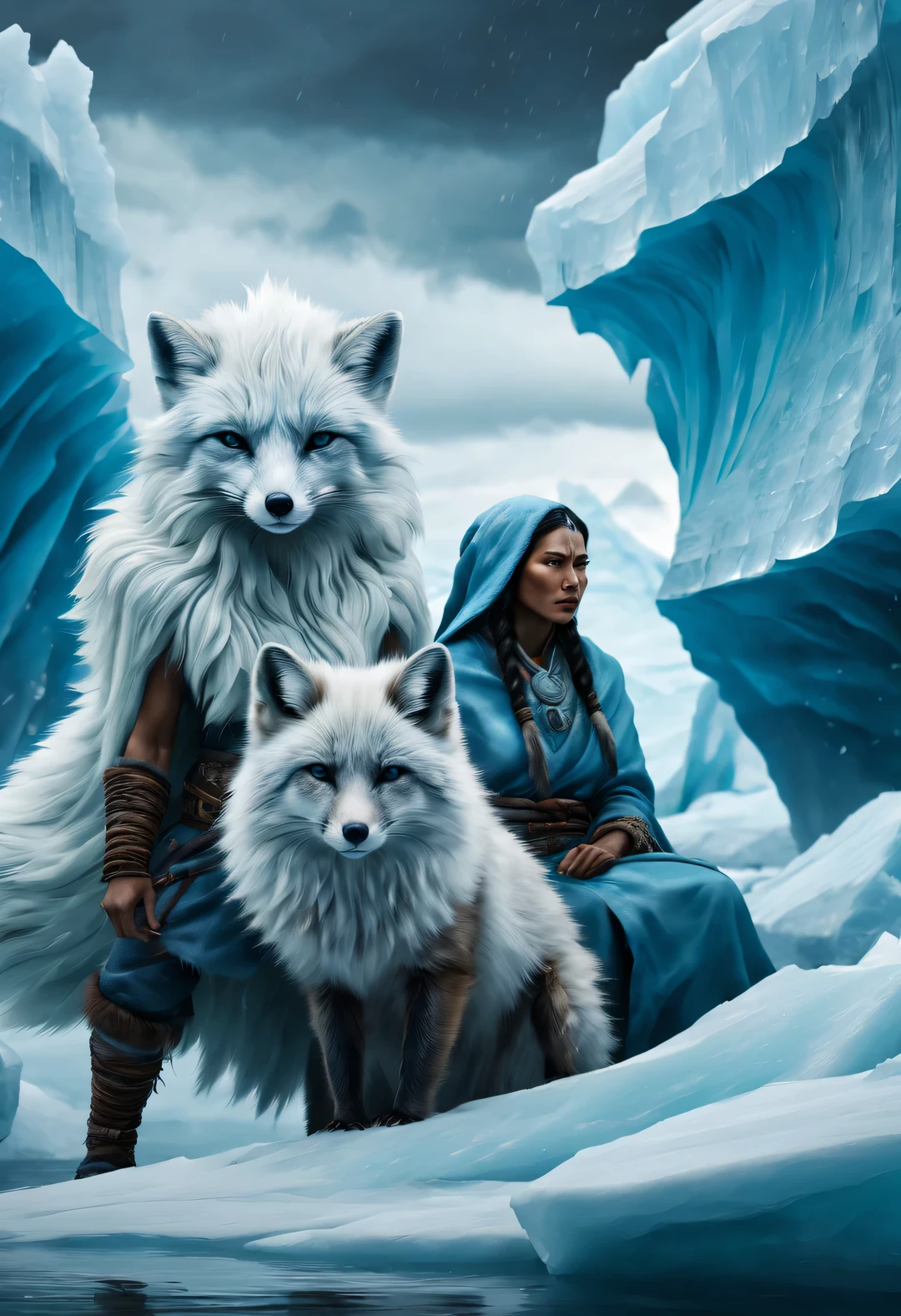 A light blue arctic fox and a female shaman with wrinkled brown skin，Arctic icebergs，violent storms，perseverance，epic graphics，ultra high definition，high quality，beautiful details