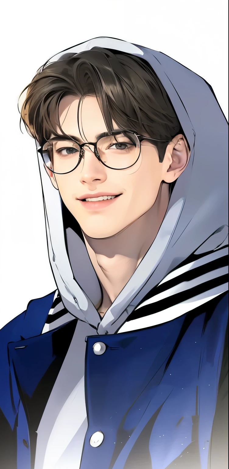 Masterpiece of man, Adult man with firm facial features like an Dutch, black eyes, wear glasses, his nose is sharp, laugh, laugh happily, mature, black eyes, neat short black hair, very handsome, white, clean, smooth skin