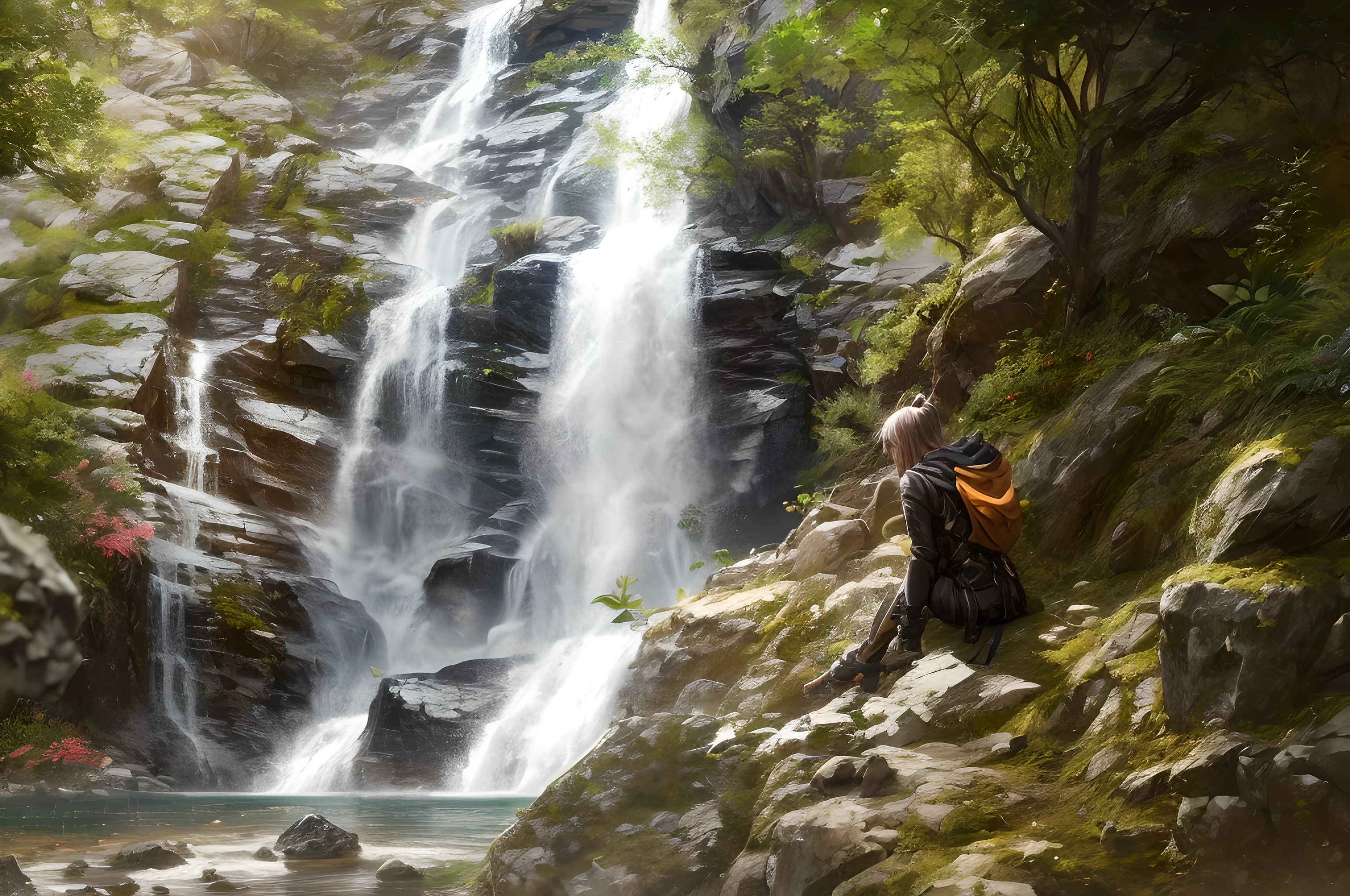 High detail, 8K, ultra HD, high quality, Anime studio, create a image relistict, best lighting , waterfall beautifull, perfect light, Daylight, Foggy blur, dreamer