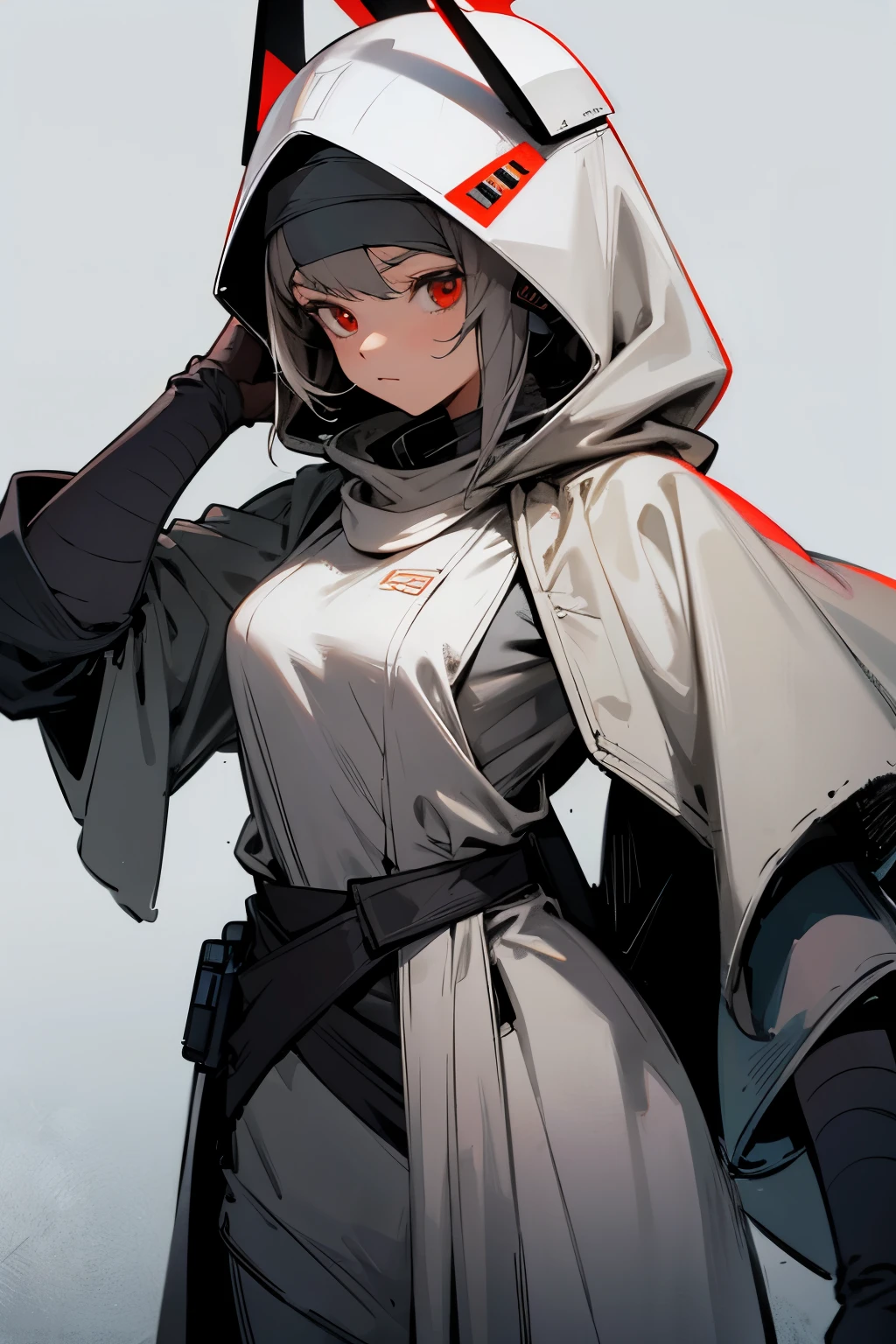 star wars, alien, star wars outfit, young female, grey cloak, helmet, grey headband, muscular,red eyes
