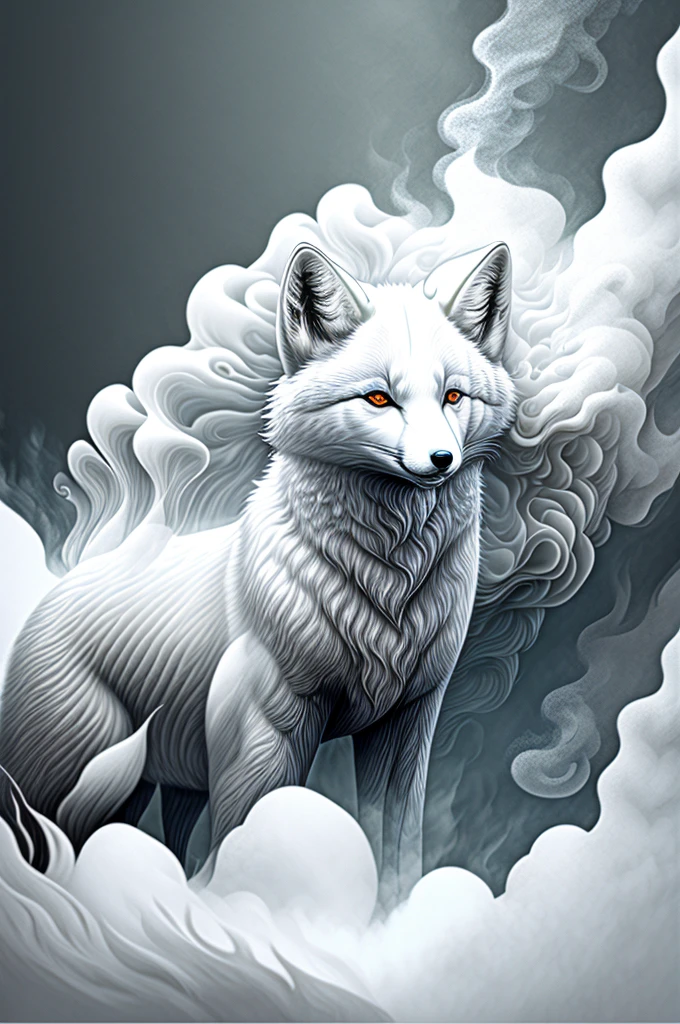 A white arctic fox partially covered in white smoke, floating in the air. Smoke swirls around and ahead, Art Trends Detailed Art Beautiful Art Illustrations Stunning Digital Illustrations, Very detailed vector art, Digital illustration style super high detail HD