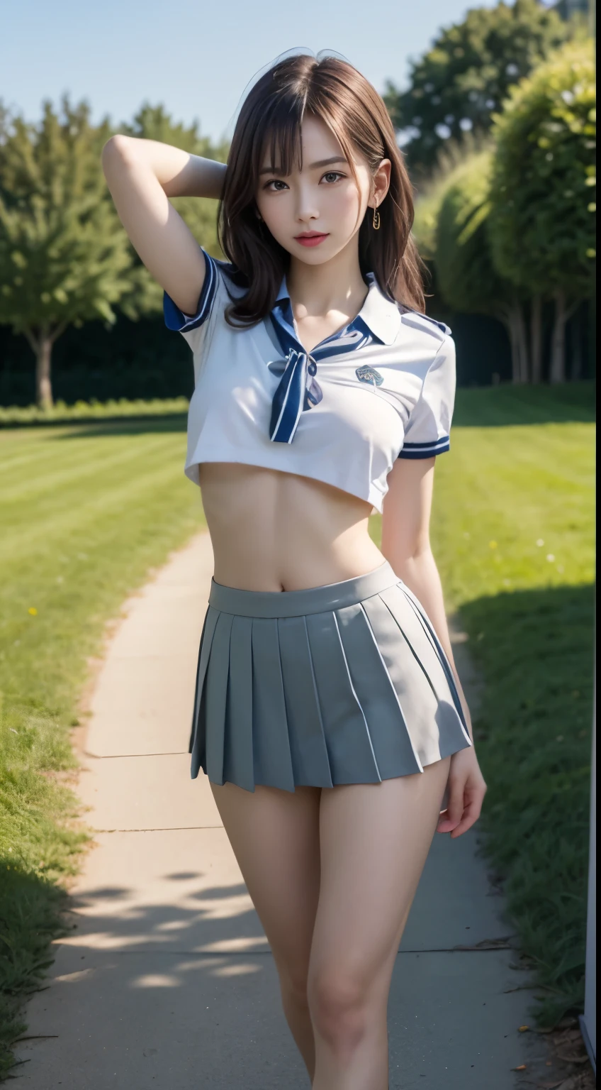 (highest quality:1.4), (hyper quality), (Super detailedな), 1 beautiful girl, (group of female high school students:1.3), Super cute, wonderful face and eyes, (Short-sleeved polo shirt made of thin white fabric), (The light blue pleated miniskirt has a low rise.:1.2), (Beautiful and incredibly big breasts:1.3), (The shape of the nipple protrusions through the uniform:1.4), (uniform is not exposed:1.2), (The fabric of the uniform is thin and the shape of her chest is clearly visible.:1.3), Realistic uniform wrinkles, (red ribbon:1.1), (underboob:1.1), (slender body:1.1), (slender and long beautiful legs), (thin waist), real skin texture, crystal clear very white skin, (bangs:1.2), earrings, Transparent Lip, (Don&#39;t look at me, look ahead), beautiful goddess advent, beautiful background, golden ratio, conceptual art, Super detailed, Accurate, advanced details, (walk along a path surrounded by fields:1.2), My chest sways, Super close, sexy art, (Under the summer sun), bright light, Super delicate illustration details, Highly detailed CG integrated 8k wallpaper, RAW photo, professional photos, cinematic lighting, Depth of the bounds written, No bra, (The nipple protrusions push up the uniform:1.2), cropped tops, High heels on bare feet, (stretch your back, stick out your butt)