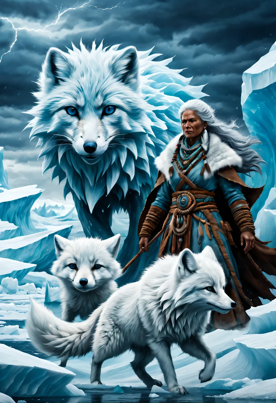 A light blue arctic fox and a female shaman with wrinkled brown skin，Arctic icebergs，violent storms，perseverance，epic graphics，ultra high definition，high quality，beautiful details