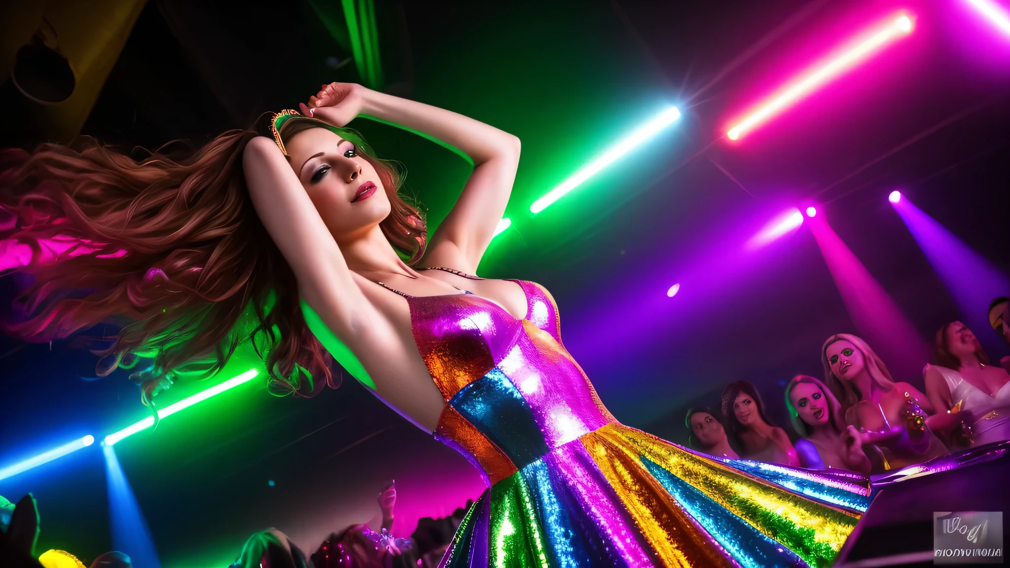 top quality 32k raw photo of a 30 women, wearing party dress. she is on the disco stage playing. colorful lights, dancing