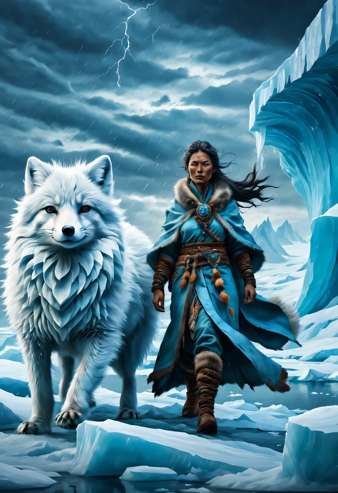 A light blue arctic fox and a female shaman with wrinkled brown skin，Arctic icebergs，violent storms，perseverance，epic graphics，ultra high definition，high quality，beautiful details