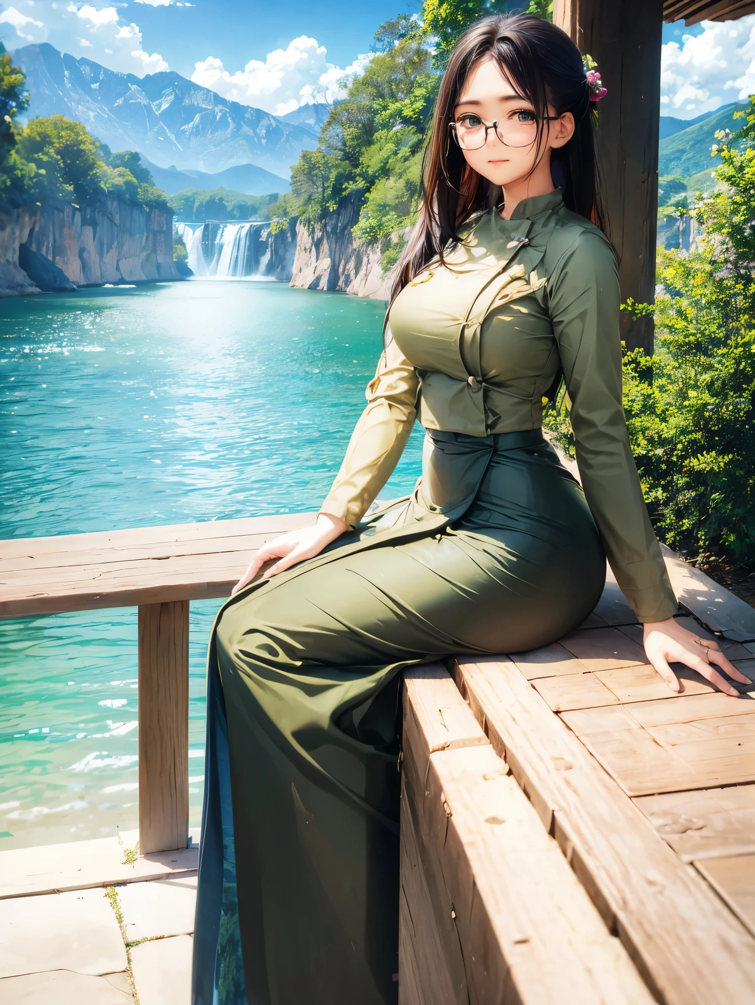 wearing acmm top, olive green acmm top, long sleeves, wearing acmm long skirt, olive green acmm long skirt, printed skirt, skin birght and smooth as wax,
masterpiece, best quality, high quality, extremely detailed CG unity 8k wallpaper, scenery, outdoors, sky, cloud, day, no humans, mountain, landscape, water, tree, blue sky, waterfall, cliff, nature, lake, river, cloudy sky,award winning photography, Bokeh, Depth of Field, HDR, bloom, Chromatic Aberration ,Photorealistic,extremely detailed, trending on artstation, trending on CGsociety, Intricate, High Detail, dramatic, art by midjourney,