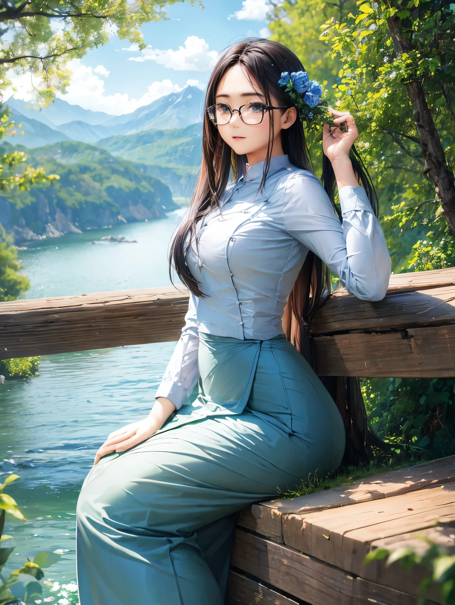 wearing acmm top, olive green acmm top, long sleeves, wearing acmm long skirt, olive green acmm long skirt, printed skirt, skin birght and smooth as wax,
masterpiece, best quality, high quality, extremely detailed CG unity 8k wallpaper, scenery, outdoors, sky, cloud, day, no humans, mountain, landscape, water, tree, blue sky, waterfall, cliff, nature, lake, river, cloudy sky,award winning photography, Bokeh, Depth of Field, HDR, bloom, Chromatic Aberration ,Photorealistic,extremely detailed, trending on artstation, trending on CGsociety, Intricate, High Detail, dramatic, art by midjourney,