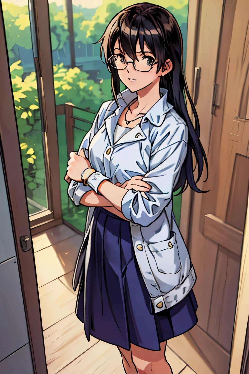 (highest quality,4K,8K,High resolution,table top:1.2), super detailed, (realistic,photorealistic,photo-realistic:1.37),((full body)), Unfortunate,Glasses,((black hair)), ((long hair)),tight-design-sweater,maxi-length-long-skirt,necklace,shoes,beautiful and fine eyes, beautiful detailed lips, highly detailed eyes and face, long eyelashes, realistic anime 3D style, Smooth anime CG art, Digital rendering by Makoto Shinkai, Moe anime art style, photorealistic rendering of an anime girl, Shinkai Makoto style, Cute anime girl visuals, realistic young anime girl, girl fan art, Created by Anime Artist&#39;studio of.