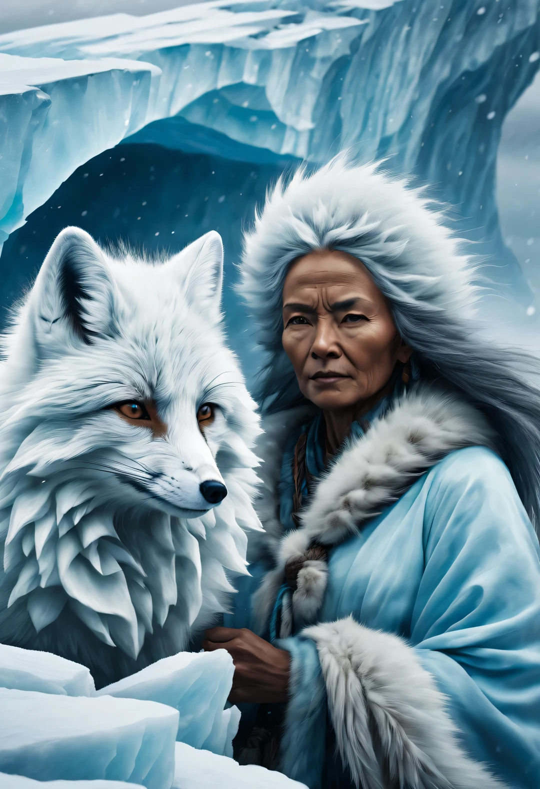 A light blue arctic fox and a female shaman with wrinkled brown skin，Arctic icebergs，Background blizzard weather，perseverance，epic graphics，ultra high definition，high quality，beautiful details