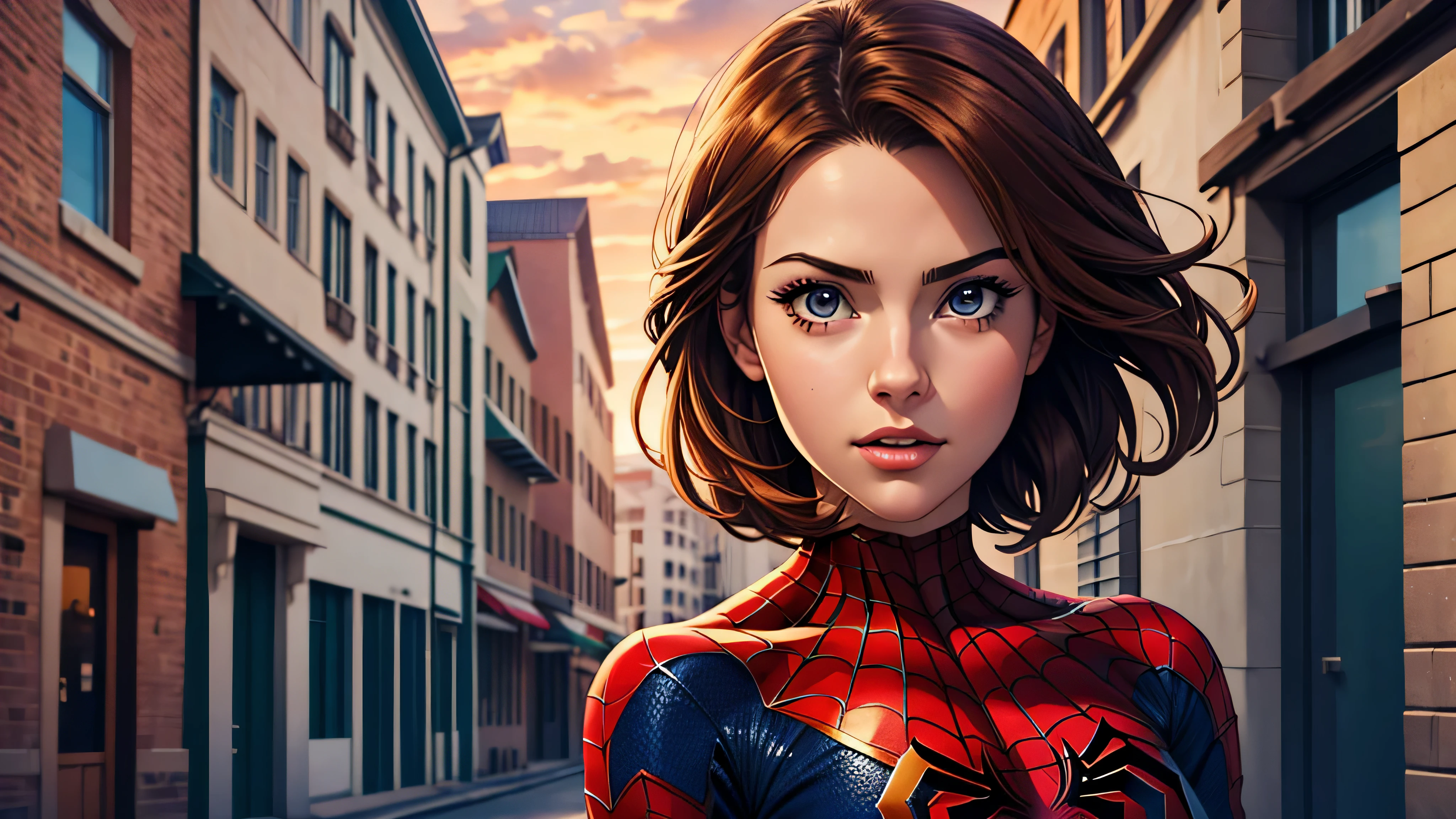 (melhor qualidade,high resolution,obra de arte:1.2),(anime, anime),(Young female),(escolaboy),(vestindo fantasia de homem aranha),(mostrando rosto),(escola)