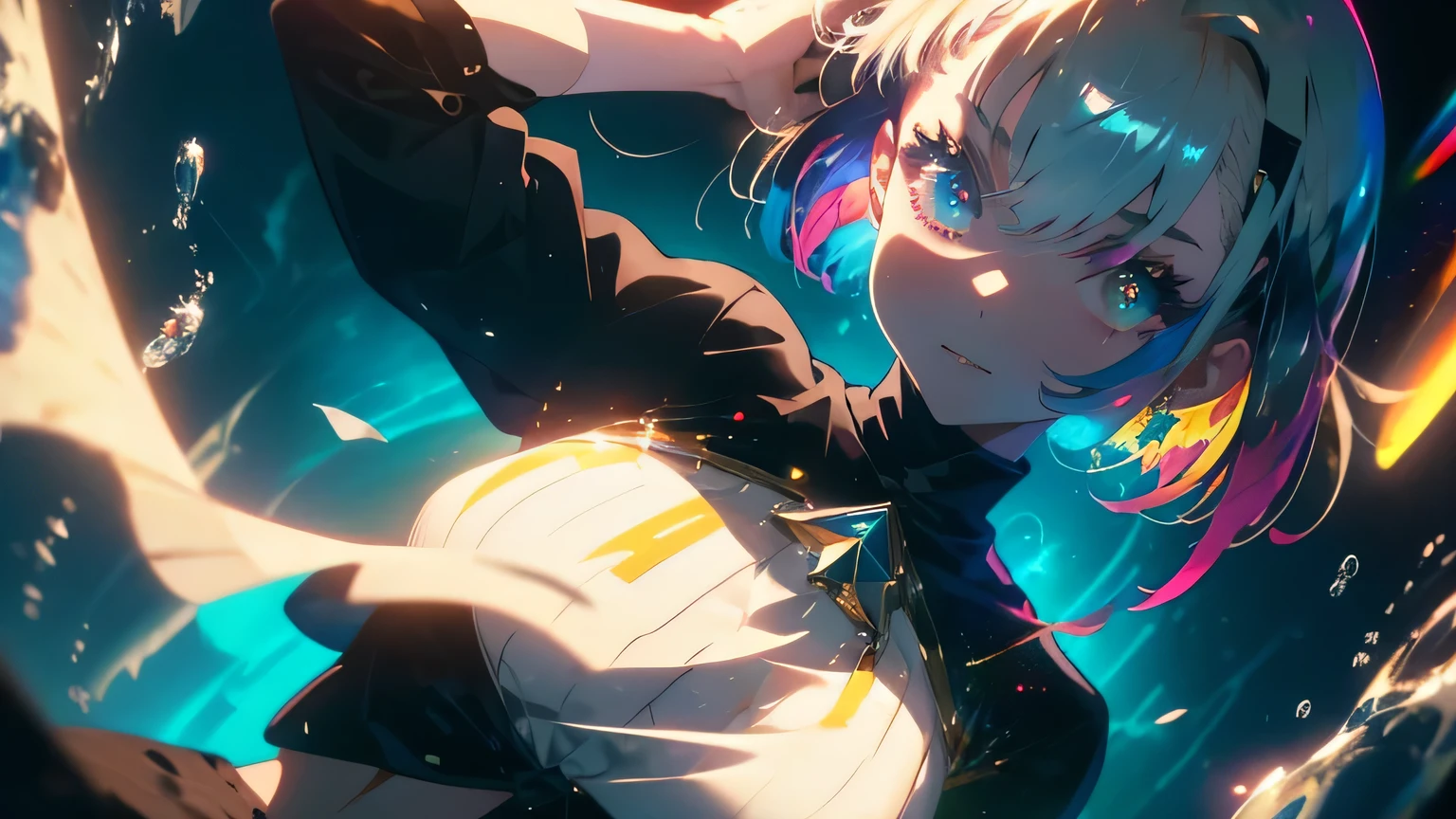 anime wallpapers of a girl (woman, heterochromia eyes, Perfect female figure), ((hairstyle on:buzzcut,A dark-haired,Hair that shines when it catches the light)), lensflare, Dramatic makeup, smiling elegantly, Natural complexion,large full breasts,Diffuse reflection of light((colourfull:1.5)), background is a view of the space and stars, cosmic spaces, wide angle, blue crop top