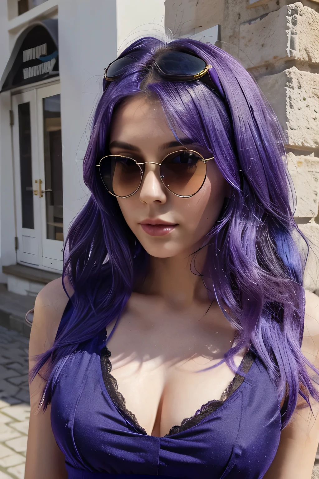 beautiful european lady 20-25 years old , bluish purple hair , 175cm tall , medium chest , elegantly dressed with sunglasses on head