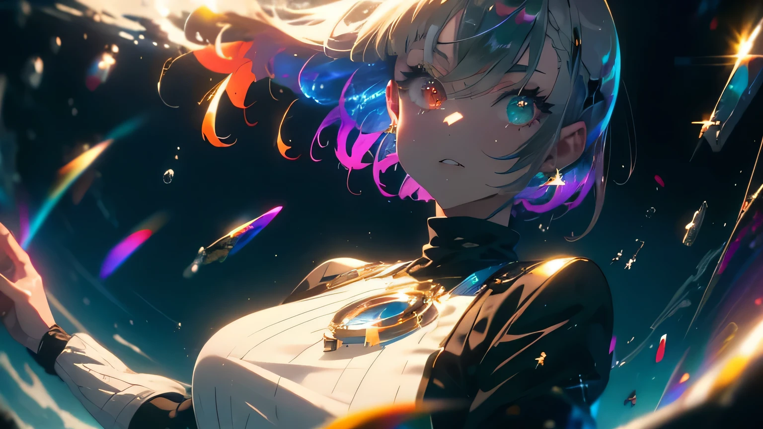 anime wallpapers of a girl (woman, heterochromia eyes, Perfect female figure), ((hairstyle on:buzzcut,A dark-haired,Hair that shines when it catches the light)), lensflare, Dramatic makeup, smiling elegantly, Natural complexion,large full breasts,Diffuse reflection of light((colourfull:1.5)), background is a view of the space and stars, cosmic spaces, wide angle, blue crop top