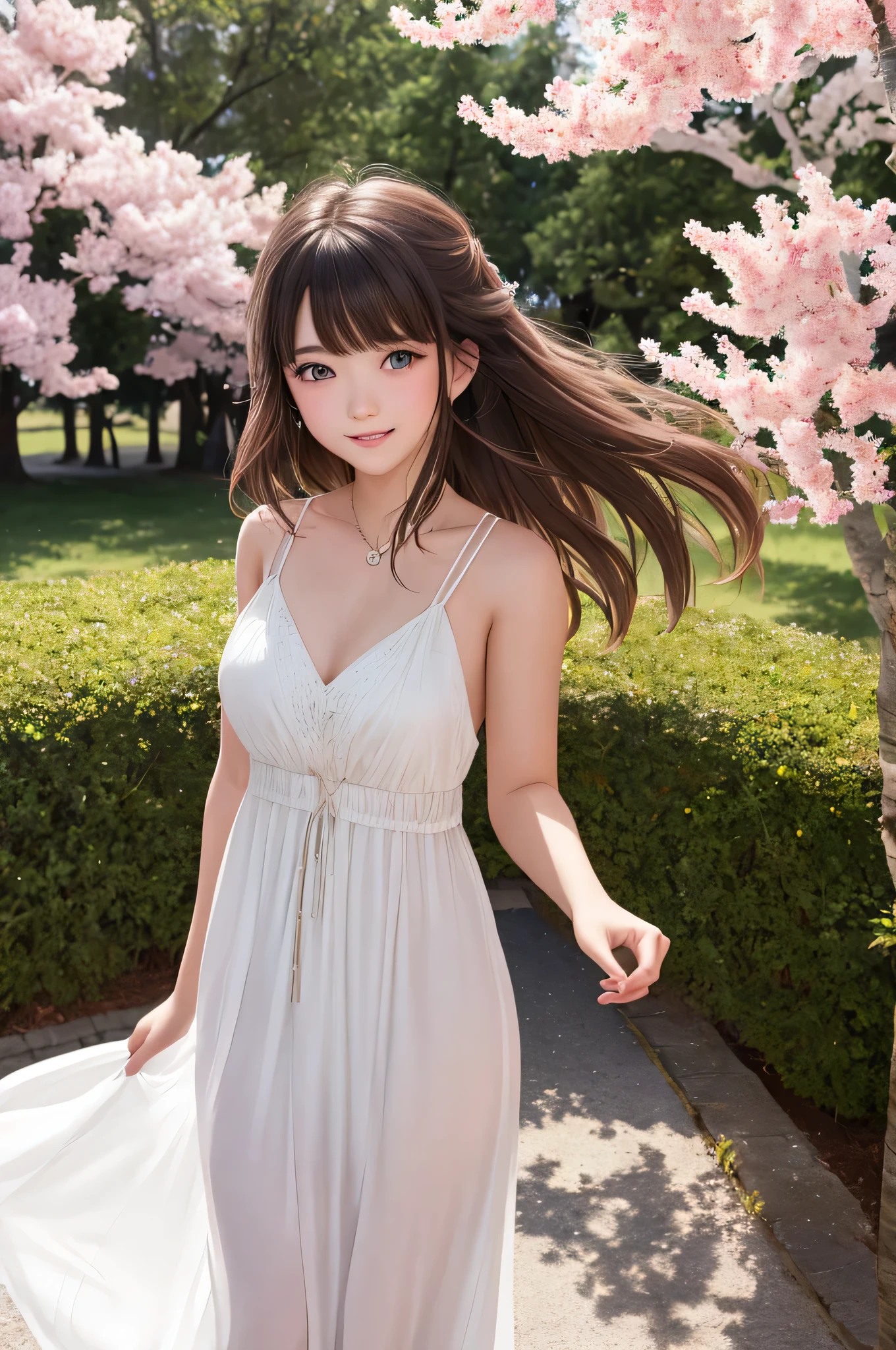 {there is a young girl at a park. she is beautiful, and attractive. she is wearing a large pink v-neck sleeveless maxi dress. she has beautiful long brown hair, and beautiful hazel eyes. the scene is beautiful. it is windy, and there is cherry blossom trees in the background, some of which the leaves are falling. her dress and hair is flowing a bit in the wind. she has a beautiful smile on her face, and is slightly blushing.}, {best quality}, {{masterpiece}}, {highres}, {{{8k}}}, extremely detailed girl, {{{caucasian skin}}}, {{{detailed face}}}, {photo-realism}, {{perfect anatomy}}, sharp focus, {{{character{1 girl}}}}, solo, {{{{{sharp focus}}}}}, {{{detailed cloth texture}}}, {{{detailed skin texture}}}, {{{smooth lighting}}}, {{australian decent}}, {{18-years old girl}},