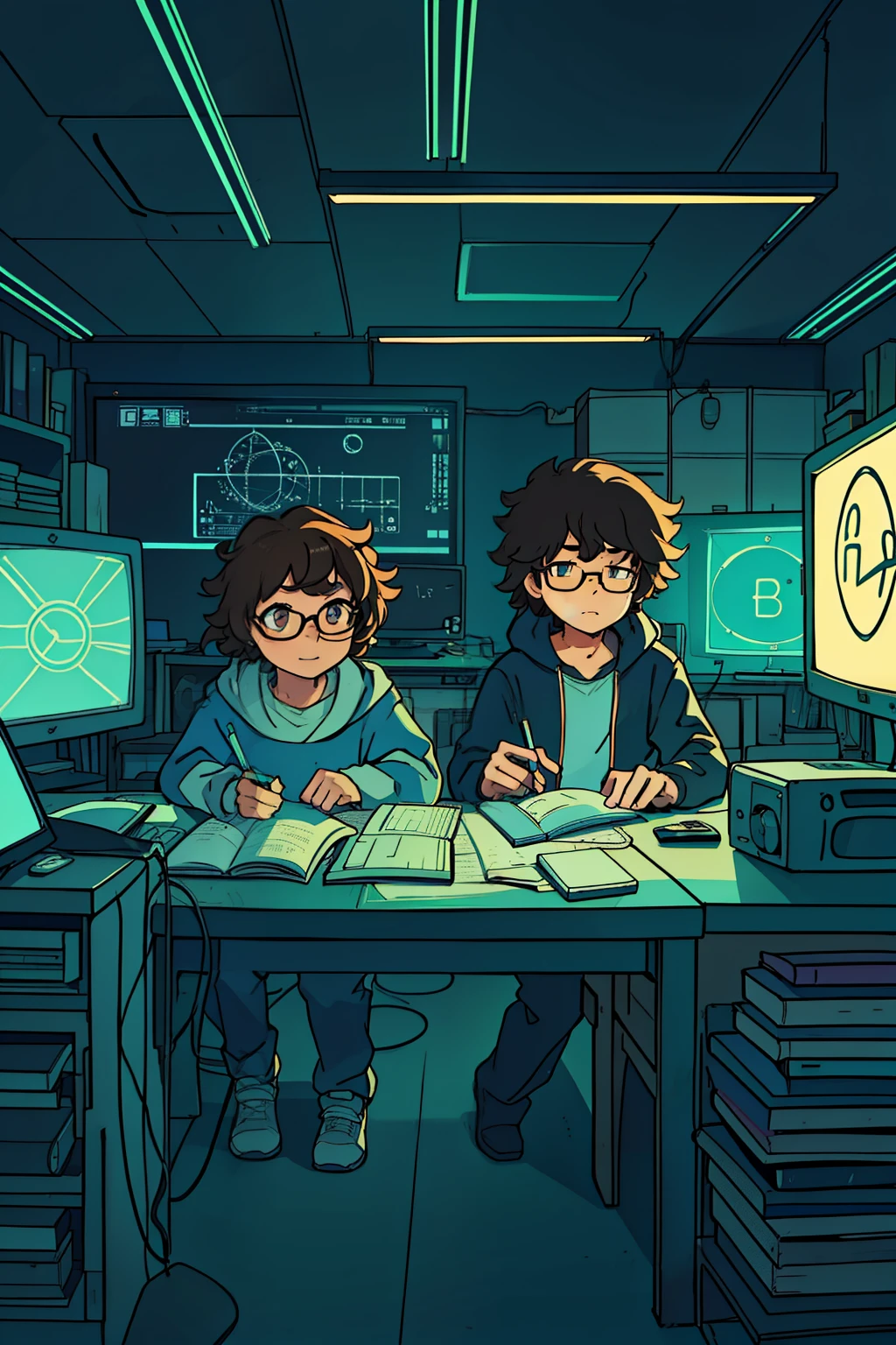 In the heart of a cluttered yet organized room, two "Compu Geeks" enthusiasts are deep in concentration. The logo of their favorite tech brand glows softly on the monitor, casting an inviting neon light that reflects off their glasses.

The first geek, with a mop of shaggy brown hair, is hunched over the keyboard, his fingers dancing across the keys. His eyes, reminiscent of circuit boards, are fixed on the screen, a determined look etched on his face. The second geek, with a messy afro and circular glasses, is engrossed in a pile of textbooks and notebooks, scribbling equations and algorithms with precision.

