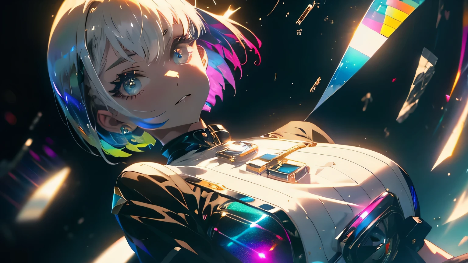 anime wallpapers of a girl (woman, heterochromia eyes, Perfect female figure), ((hairstyle on:buzzcut,A dark-haired,Hair that shines when it catches the light)), lensflare, Dramatic makeup, smiling elegantly, Natural complexion,large full breasts,Diffuse reflection of light((colourfull:1.5)), background is a view of the space and stars, cosmic spaces, wide angle, blue crop top