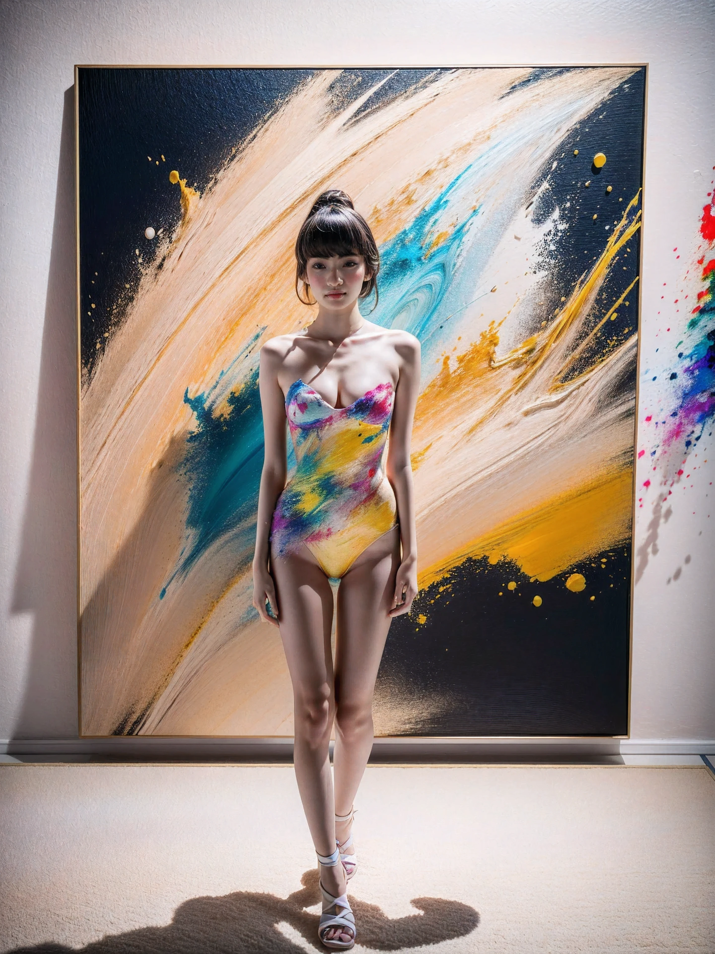 (Best quality, actual, photoactual, photo-actual, colorful, sharp focus), (full body, wide angle shot), (1 cute Japanese girl), (Nana Komatsu),Jackson Pollock action painting, kinetic expression, colorful hair, (Photograph Art Minimalism:1.1), simple background, studio.