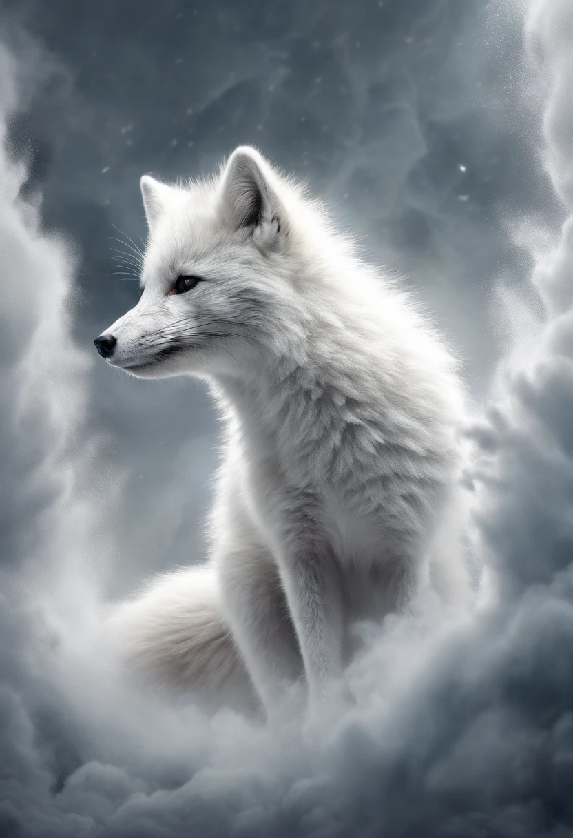 A white arctic fox partially covered in white smoke, floating in the air. Smoke swirls around and ahead, Art Trends Detailed Art Beautiful Art Illustrations Stunning Digital Illustrations, Very detailed vector art, Digital illustration style super high detail HD