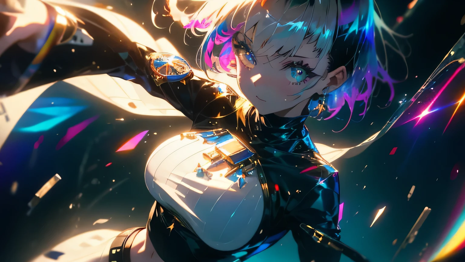 {{masterpiece}}, best quality, extremely detailed CG unity 8k wallpaper, cinematic lighting, lens flare, beautiful detail eyes, black, side glance, multicolor hair, colorful light, particles, heterochromia, (colorful:1.5), (colorful hair:1.5),