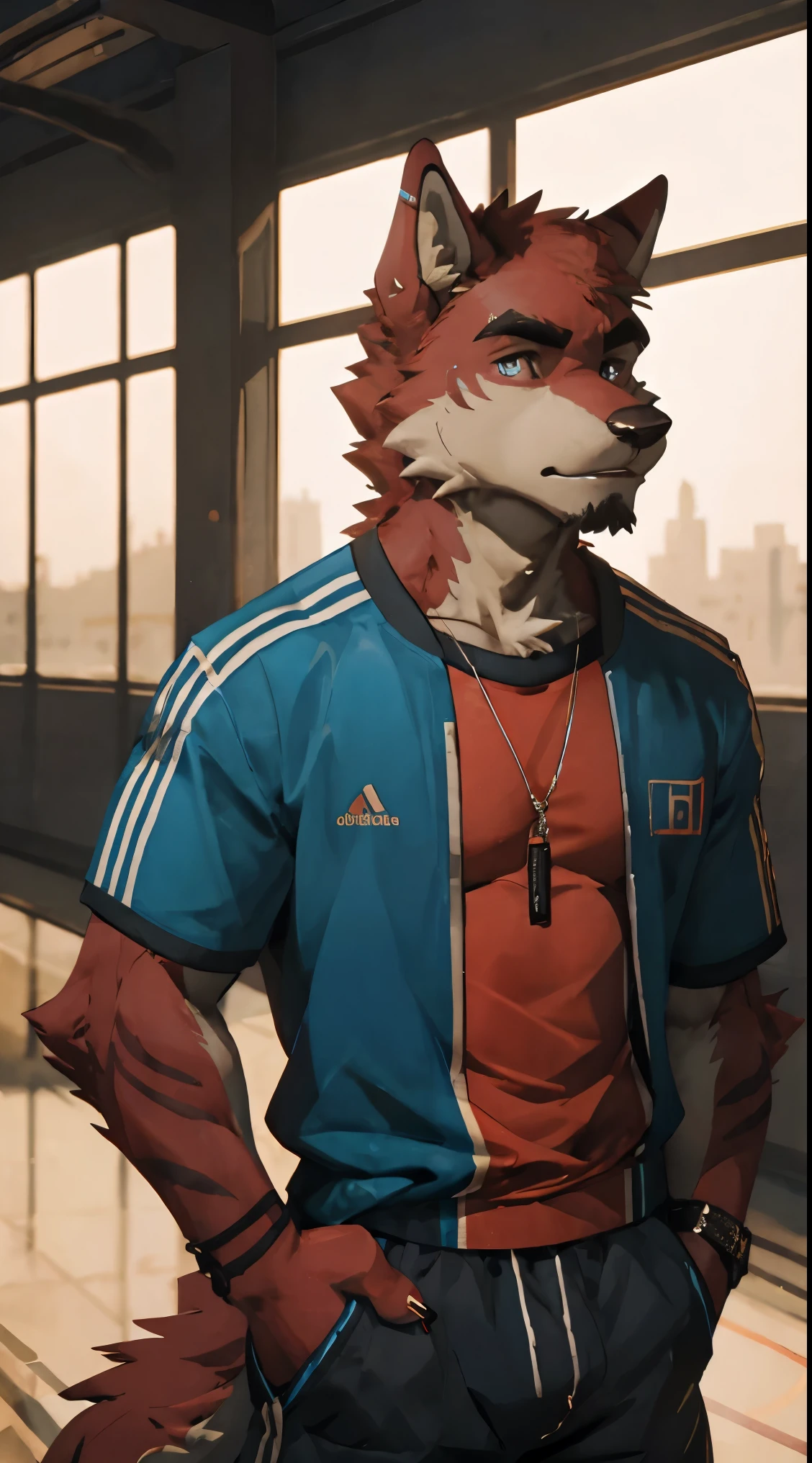 Furry fox, Nike, shiny satin basketball shorts, erection under clothing, shy, precum leaking through shorts, akward smile